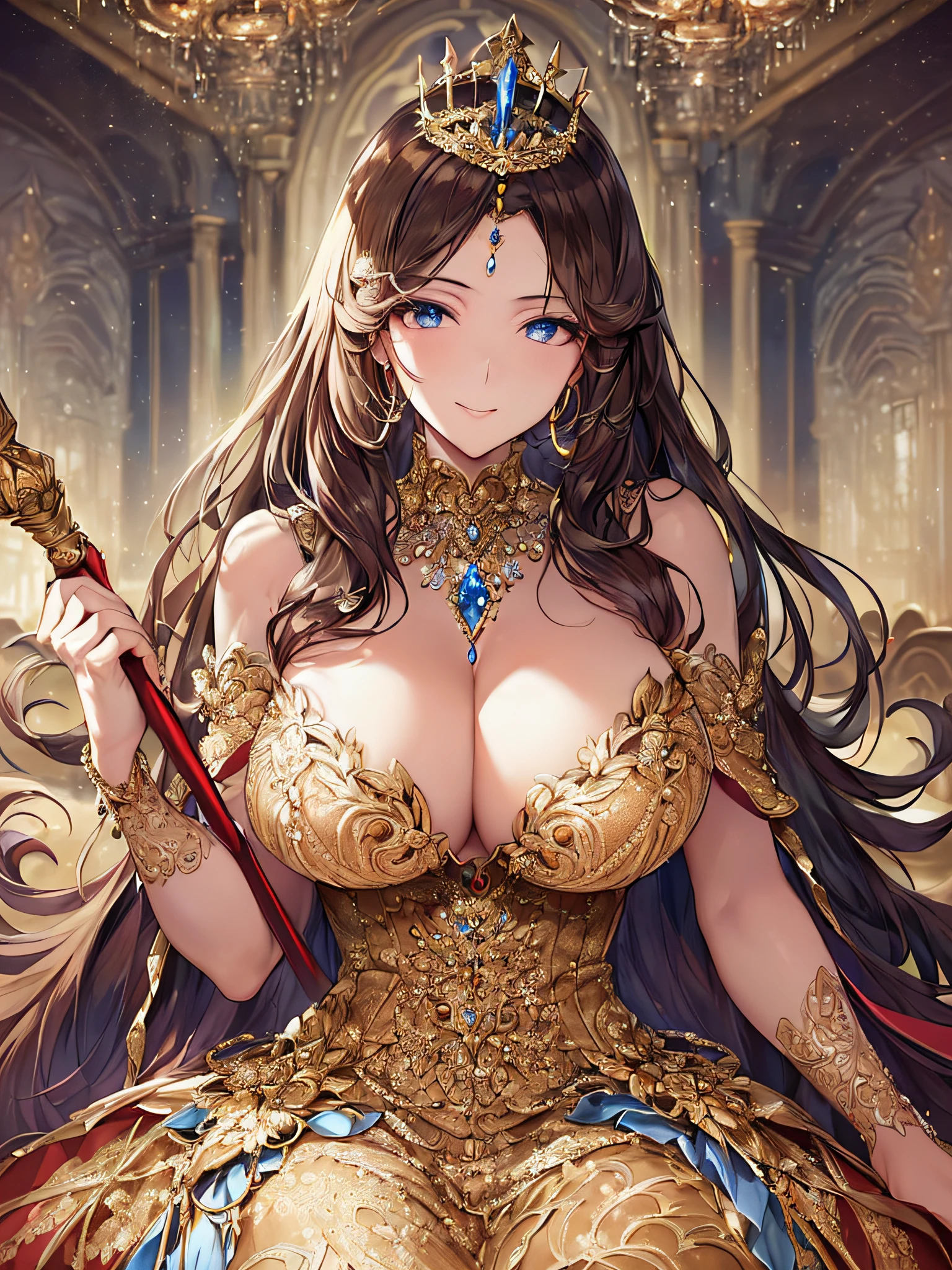 ((anime artstyle)),(Masterpiece),(Best Quality), (Super Detail),((Very Delicate and Beautiful)),(((Solo))),((full body)),(((milf))),(((1 queen in beautiful embroidery and jeweled bling-bling gorgeous rococo ball gown dress with voluminous full length hoop skirt,))),sitting on the throne,(bling-bling),Long train,(((sitting on the gorgeous throne in the throne room,holding a scepter in one hand))),(bling-bling gorgeous gemstone jewelry),detailed face and eyes,jewel-like eyes,seductive smile,((large amount of straight hair,extremely voluminous Very Long Hair,Very Long Straight Hair)),(((gigantic tits,Long tits))),cleavage,(gorgeousfull embroidery and lace),gorgeous corsage,See-through,extremely gorgeousfull hair ornament,(bling-bling extremely gorgeousfull jeweled tiara),ornate ruffles,(hoop skirt,crinoline),((Dynamic Angle)),Looking at viewer,((full body)),((beautiful embroidery and jeweled extremely gorgeous rococo ball gown dress with voluminous full length hoop skirt))