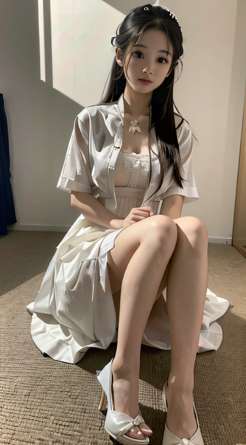 Master quality, highest quality, best picture quality, exaggerated details, goddess of moonlight cute 8 year old asian little girl with a shy expression, slightly squinted eyes, adjusting her hair, long eyelashes, (hyperrealistic schoolgirl), (dressed as schoolgirl, hyperrealistic schoolgir (long hair / very, very exaggerated big breasts, big tits / in  petticoat dress tissue,  ), posing sit in front of the camera, wet breast hanfu  open v chest clothes, full body xianxia, high heel diamond, erotic, lolita , out home