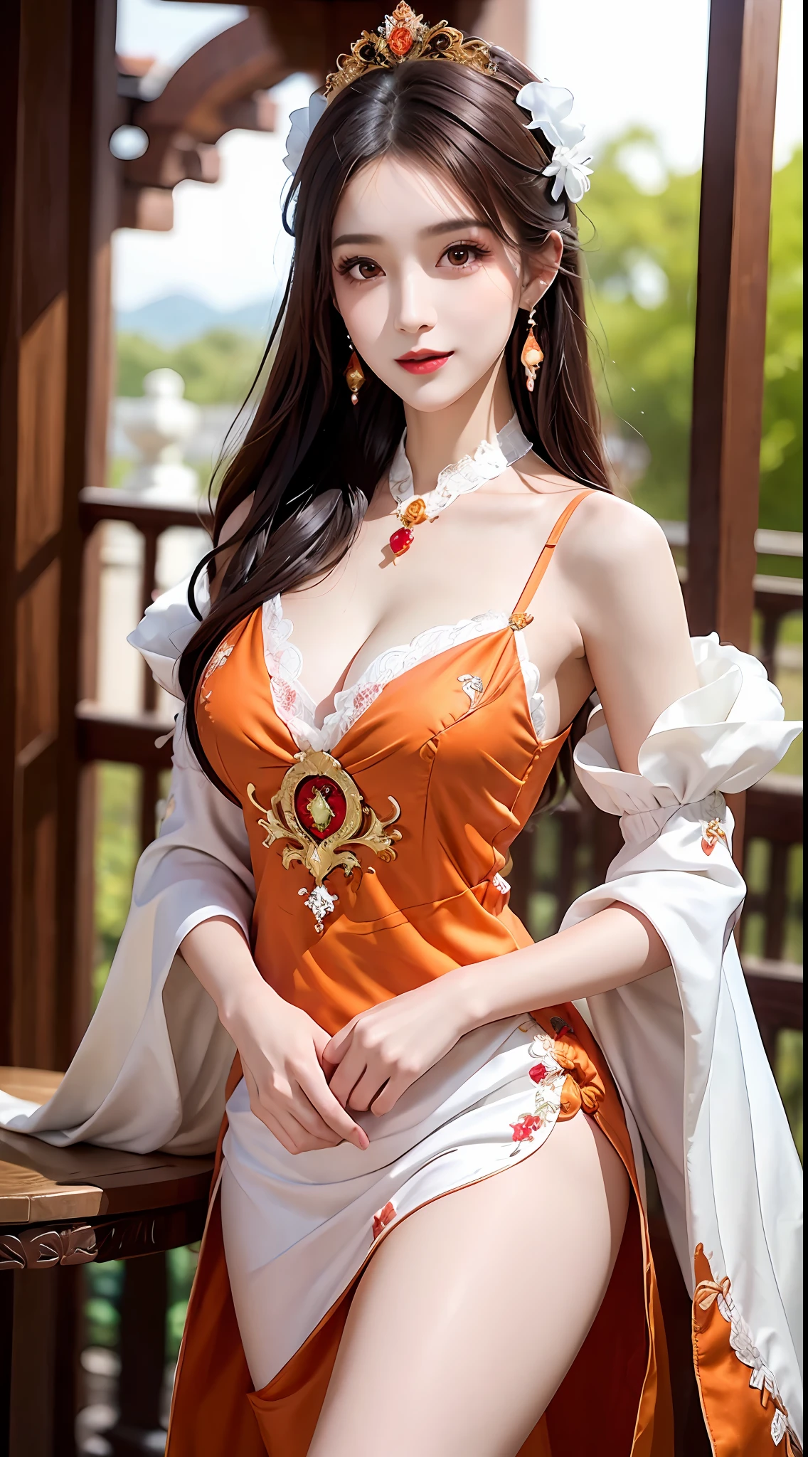 1 young empress wearing orange color lace top, deep-breasted nightgown, Chinese-style clothes, ancient costumes with many phoenix patterns, flawless white and pink face, crown on her head, black hair hip length, very beautiful and sharp brown eyes, small red lips, painted lips, charming smile, jewelry worn around the neck, earrings, white and even teeth, high nose, big round breasts, elongated legs, thin mesh black socks, whole body capture, portrait, most realistic, highest quality, best pixels, 8k ultra,