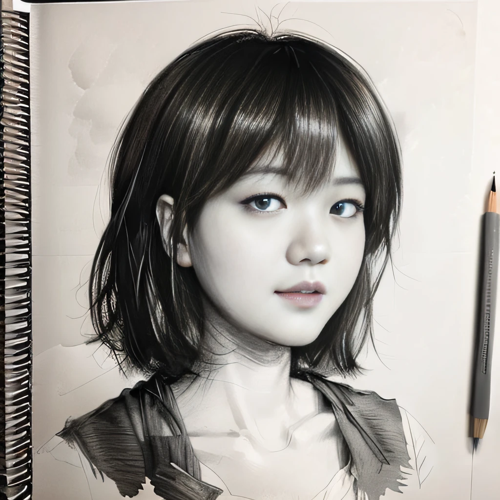 （（high qulity，tmasterpiece：1.4））， 1girll， （（The upper part of the body））， Portrait sketch， Messy painting， Messy charcoal spots， Unfinished sketch， Sketch book charcoal style drawing of woman， Sketchbook drawing， sketchbooks， beautiful hairl， Medium bob hair， beauitful face， symmetriced face， symetrical eyes， （（Paper material background））， Realistic charcoal line， Imperfect drawing， Charcoal shavings， Charcoal line， flawle，short detailed hair，Gentle face，gentle expressions，Professional Dress