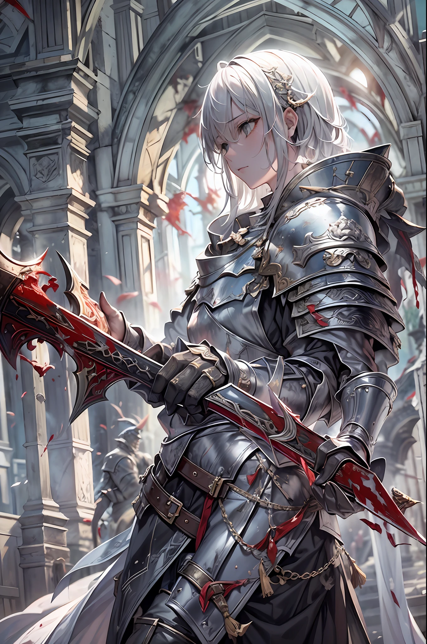 a teenager male knight in cracked sliver armor, he raise a sword stained with blood, a giant gate of castle behind him, light from the sky, lots of swords point at the knight, with determined look, silver hair, black hair, gradient hair, chiaroscuro, cinematic lighting, god rays, ray tracing, reflection light, panorama, masterpiece, best quality, high quality, high details, highest, accurate, anatomically correct, textured skin, UHD, 1080P