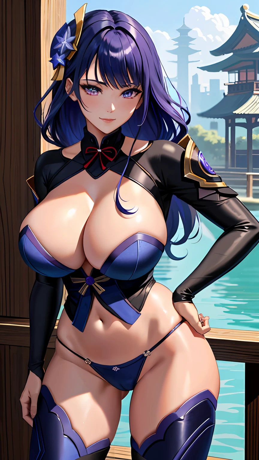 Raiden Shogun, raiden, (Huge breasts), nedium breasts, Masterpiece, Best quality, Ultra-detailed, Beautiful lighting, bangs, (both hands on hip), (angle of view:1.1), (Smile:0.9),Busty body,large thick legs,nakeness,denim pant,Camel toes,Sweaters