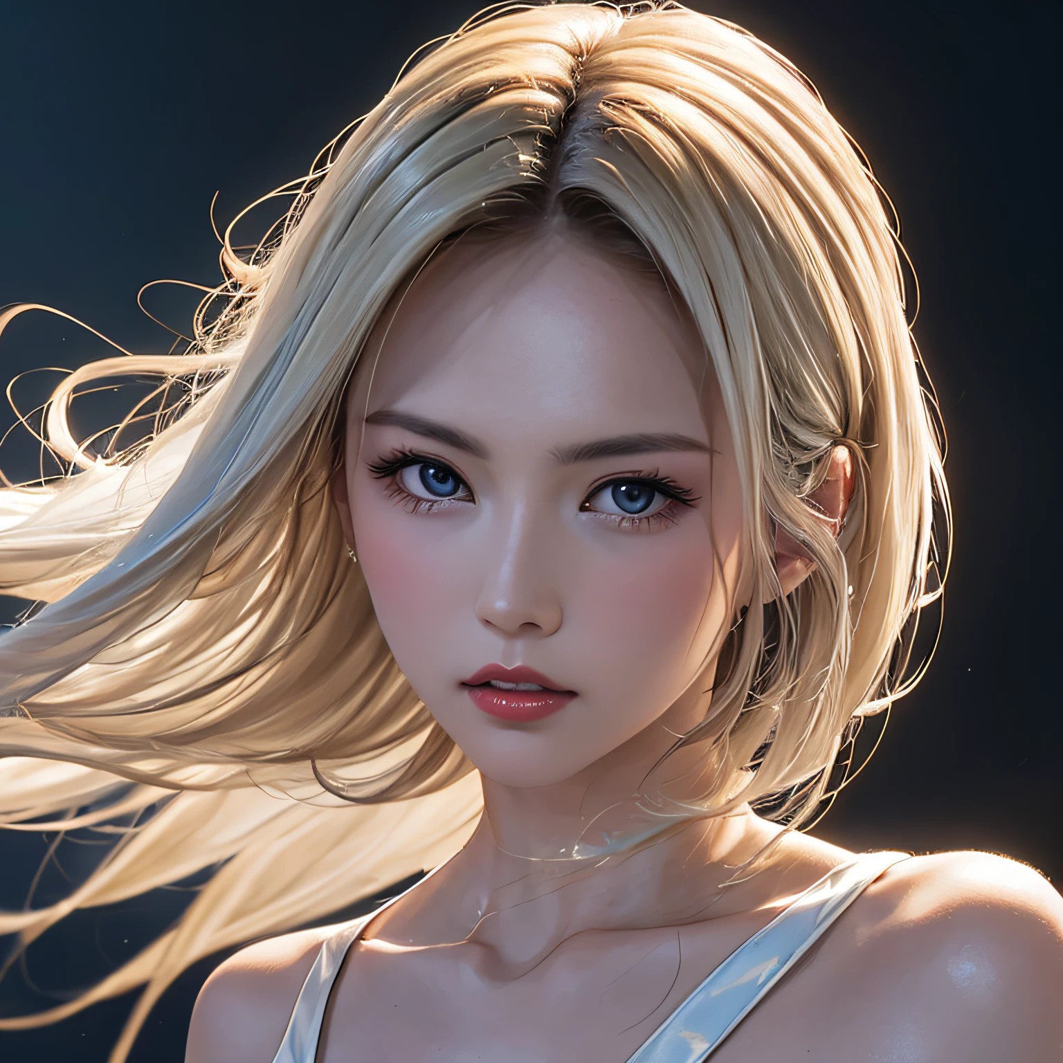 (8K, RAW Photos, of the highest quality, Masterpieces: 1.2), (Realistic, Photorealistic: 1.37), Highest Quality, Ultra High Resolution, light  leaks, Dynamic lighting, Slim and smooth skin, (Full body:1.3), (Soft Saturation: 1.6), (Fair skin: 1.2), (Glossy skin: 1.1), Oiled skin, 22 years old, Night, shiny white blonde, Well-formed, Hair fluttering in the wind, Close-up shot of face only, Physically Based Rendering, From multiple angles, maikurobikini、radiant lips