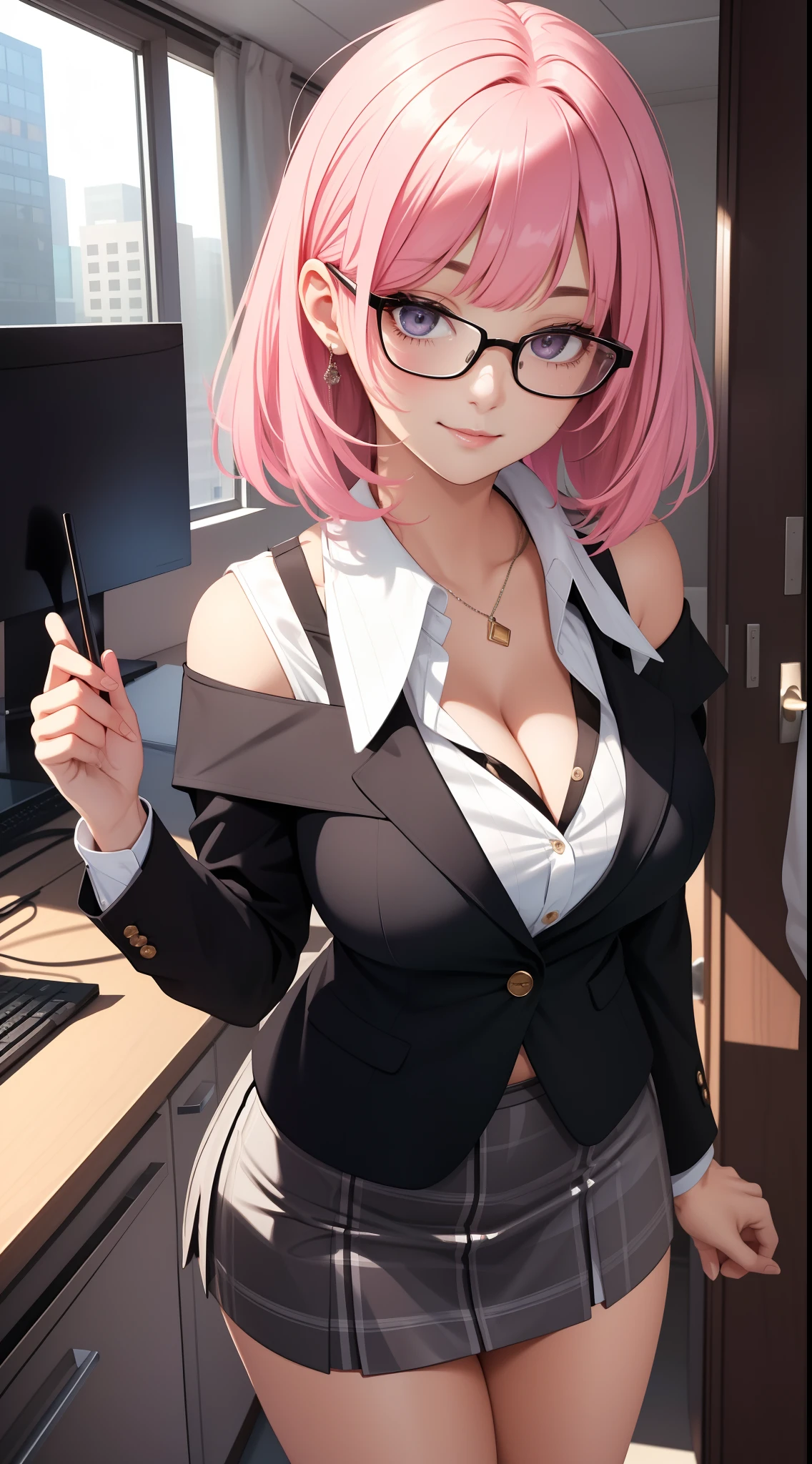 (Best quality:1.1), (Masterpiece:1.2), Highqualityshadow, Beautiful detailed, Beautiful face, Detailed eyes, Off-the-shoulder attire,Depth of field, A high resolution, Best shadow, Best illumination, 1girll, view the viewer, (A pink-haired:1.3),Brush cut,extra very short hair, Blunt bangs, Long hair, Black eyes, Shy, Large breasts, Miniskirt, blouse, Blazer, Pump, Office Lady, Glasses,cleavage,looks into camera,ssmile,closeup cleavage,Superskirt