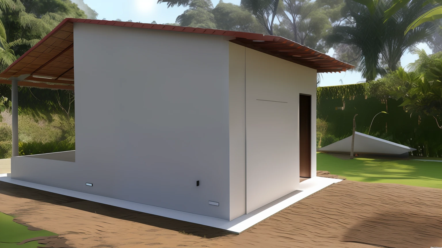 There is a small building with a roof on a grass floor, Frente, Frente cheia, estrutura da parede, regular build, vista lateral, lado - vista, vista lateral frontal, side view, Lumion Pro rendering,Directed by: Willian Murai, feito de cimento e concreto, Vista lateral superior frontal, Vista lateral acima, Foto tirada em 2018, 3/4 vista lateral, no meio da floresta