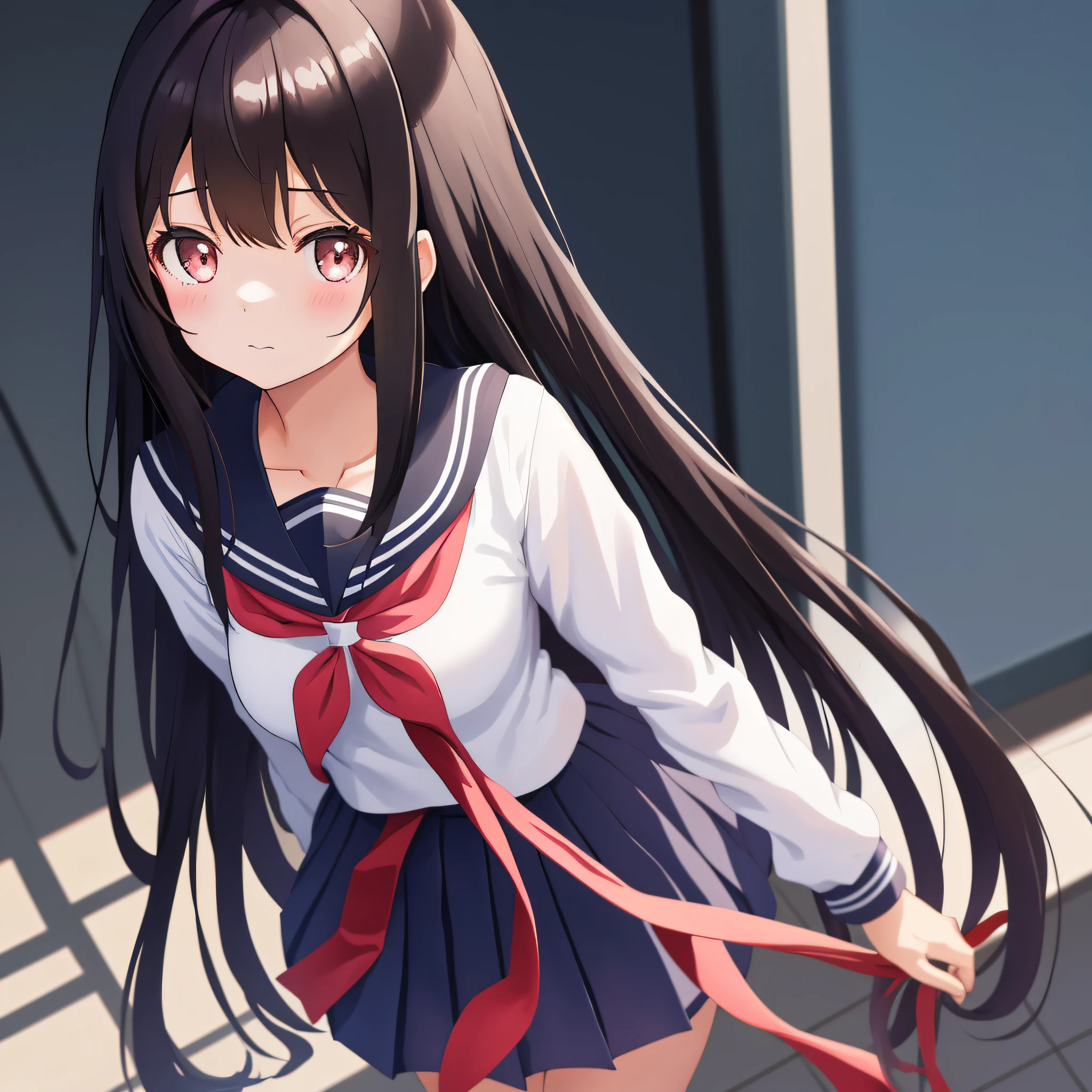 masutepiece, Best Quality, hight resolution, 1girl in, Twin-tailed, School uniform, serafuku、Looking up at me、Upper body only、Only one person、A dark-haired