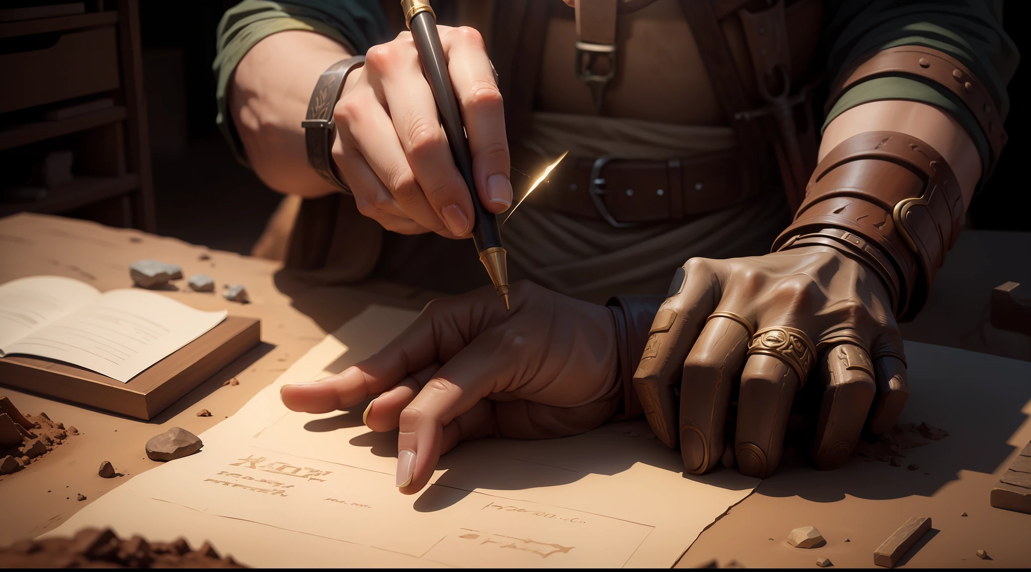an archaeologist working on it, a bronze hand, bearing the Vasconic language