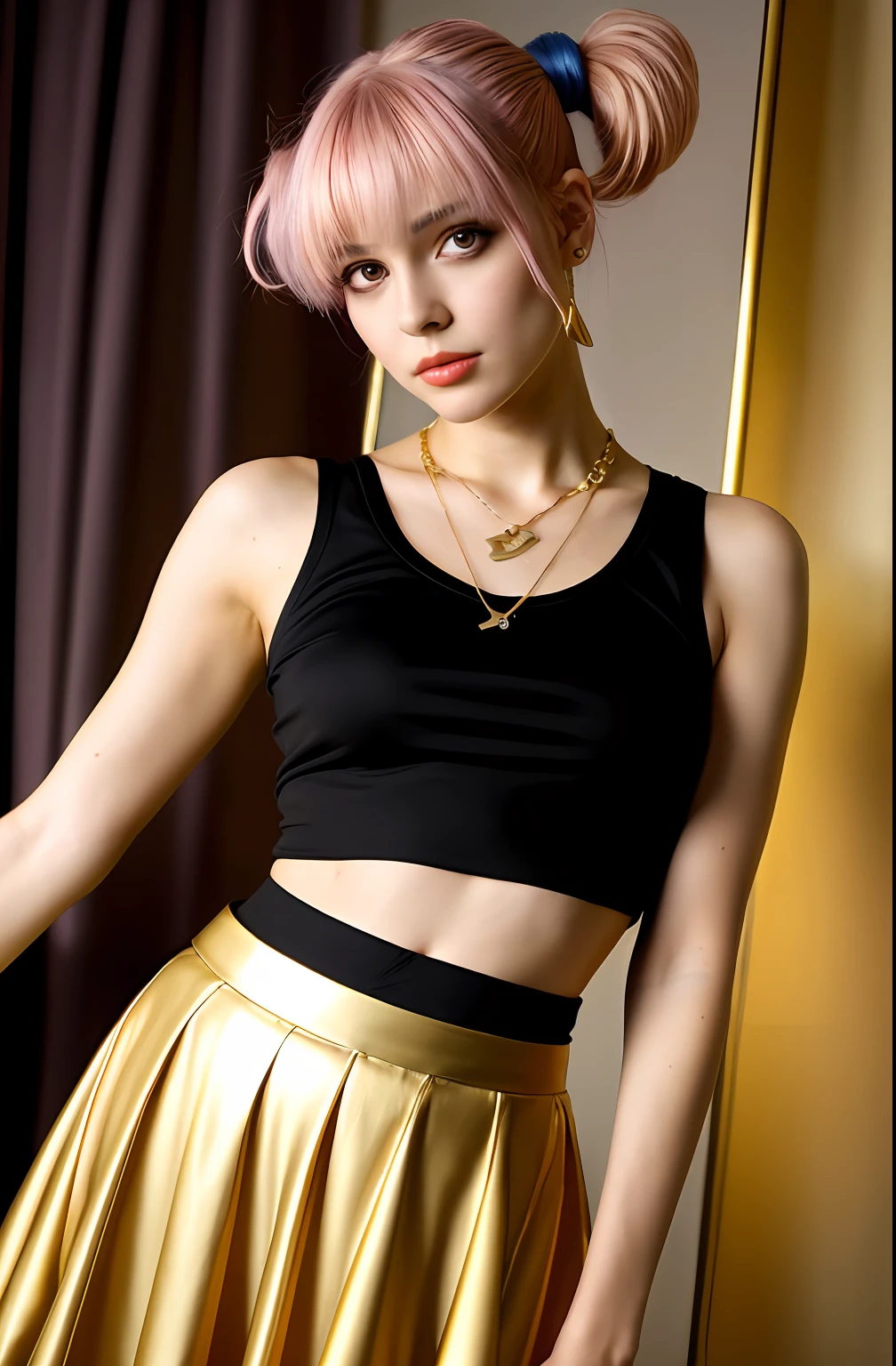 （Full length editorial photo of an 18 year old sexy woman），（Highly detailed face：1.4） （ssmile：0.3） short pink hair，Space buns hairstyle，Gold jewelry necklace pendant，Smooth pale golden skin，dark make-up，Skinny rainbow cyberpunk crop top short pleated Roman skirt，（Darkness inside the background，moodiness，Private study：1.3） Exotic bedroom background，Short depth of field，big breasts thin waist，Thin leg， low-light， luz de velas， Nikon D850， film stock photograph ，4 Kodak Portra 400 ，Camera F1.6 shots ，rich colours，textures true to reality，dramatic  lighting ， Movie Still 800， ， gotik， cyber punk perssonage， neonlight