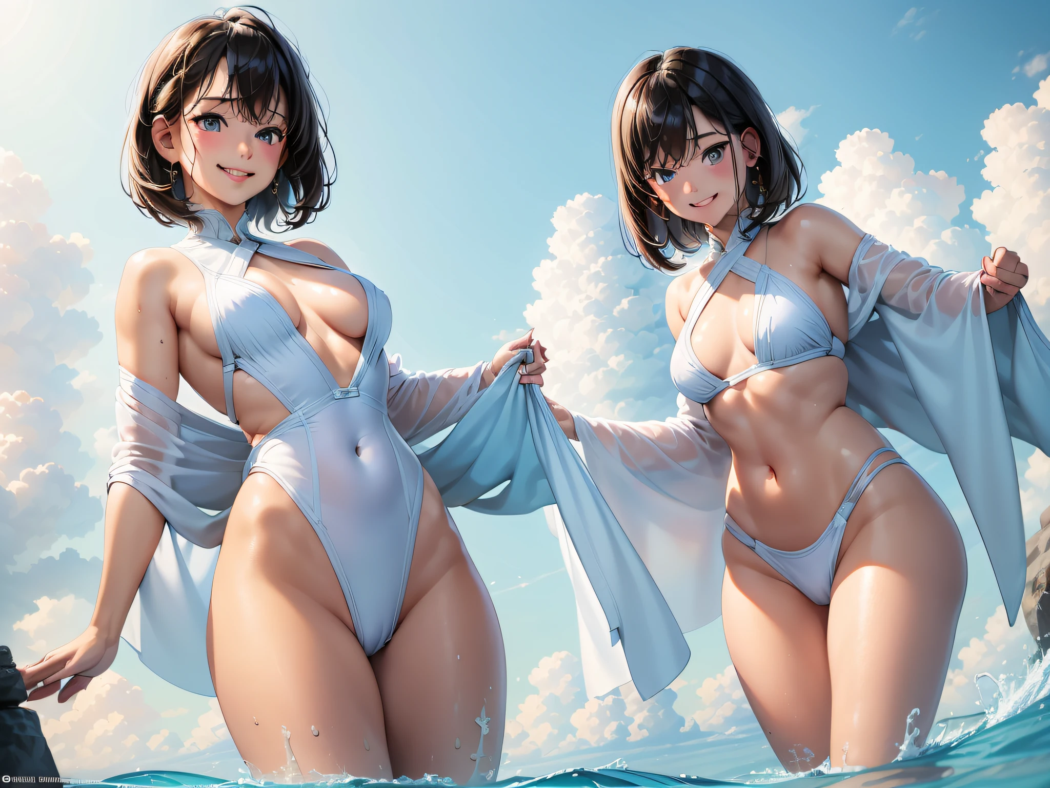 ​masterpiece、ultra-quality、ultra-detailliert、Perfect drawing、独奏、Beautiful girl in a swimsuit、Pee leakage(2.5)、Pee splashes out of the crotch(2.5)、red blush、Swimming Club、competition swim suit(onepiece swimsuit、highleg)10yaers old、Opening legs(30 cm)、Hold your crotch with both hands、Water gushing out of the crotch(2.5)、embarassed expression、Moisturized eyes、swimming pools、 Shot diagonally from below、thin fabric swimsuit、Light from the front、Right ahead、sunlights、Summer sky、clearface、​masterpiece、ultra-quality、ultra-detailliert、Perfect drawing、nffsw、3D、8K、Bite