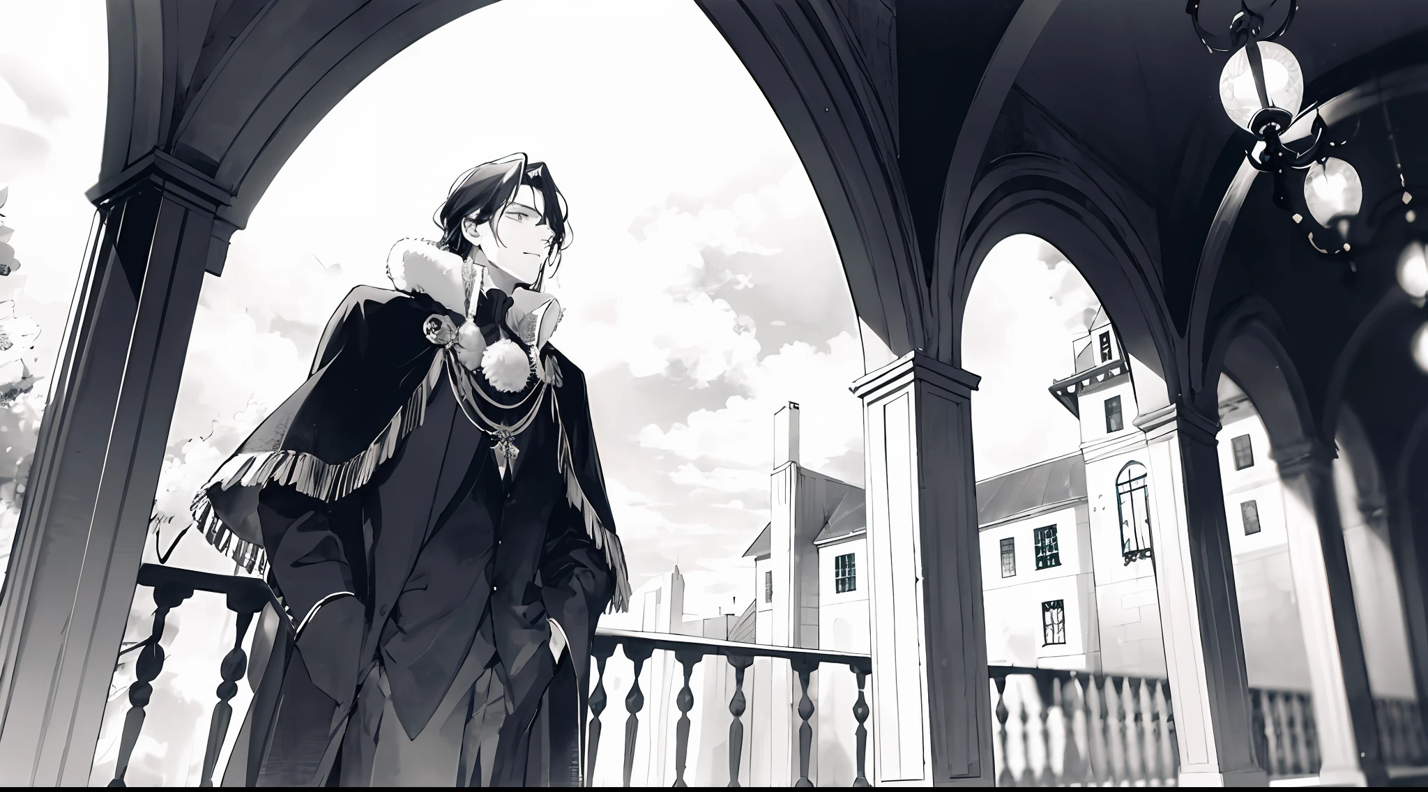 Outside the top floor balcony of the palace, there was a man with long flowing black hair in a royal black cloak, he was gazing up at the dark night sky ((monochromatic))