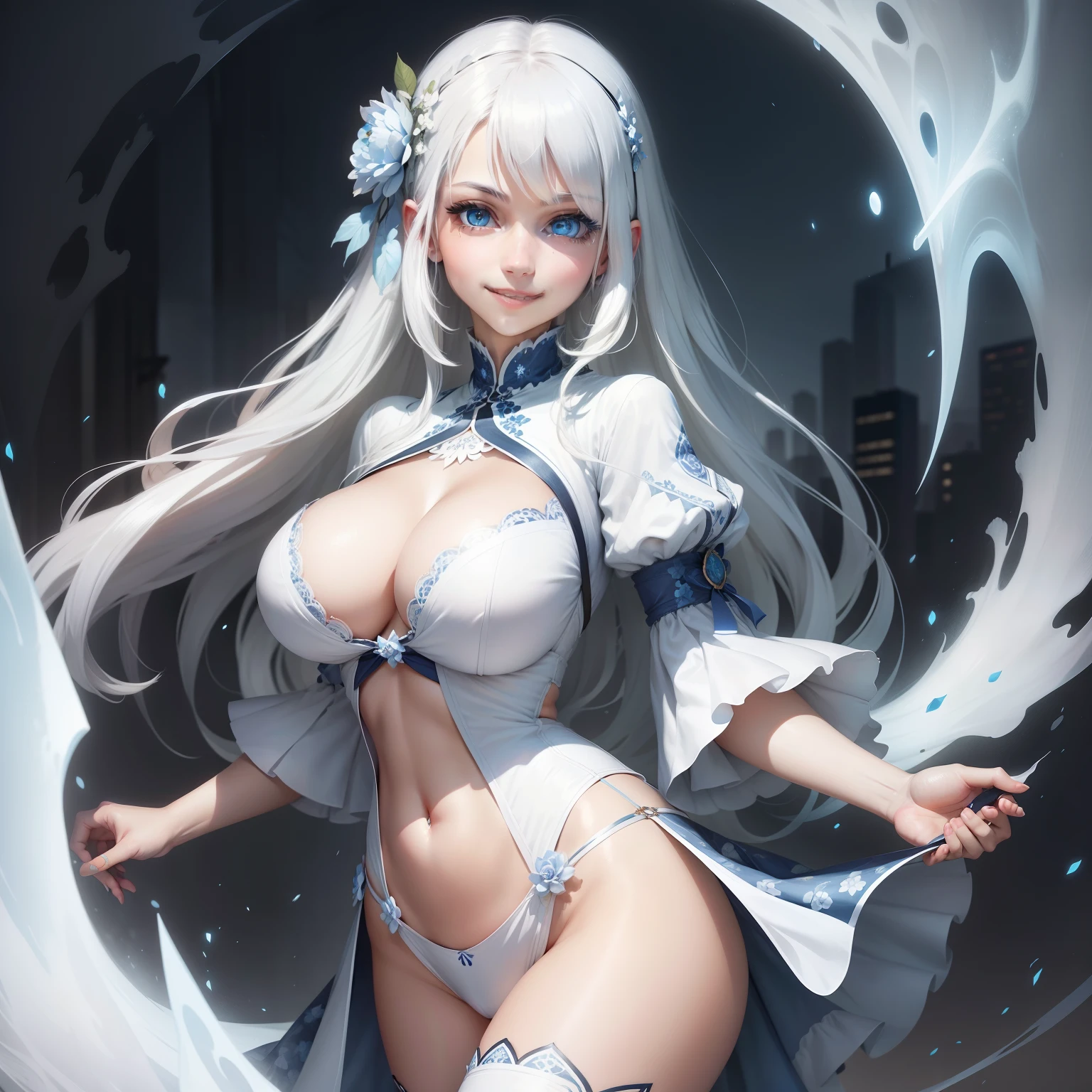 illustratio　blue eyess　White hair　big breasts thin waist　florals　optic　a smile