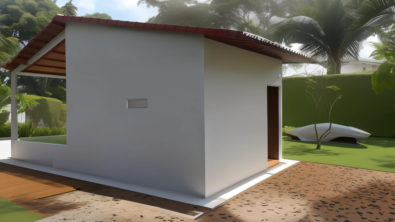 There is a small building with a roof on a grass floor, Frente, Frente cheia, estrutura da parede, regular build, vista lateral, lado - vista, vista lateral frontal, side view, Lumion Pro rendering,Directed by: Willian Murai, feito de cimento e concreto, Vista lateral superior frontal, Vista lateral acima, Foto tirada em 2018, 3/4 vista lateral, no meio da floresta