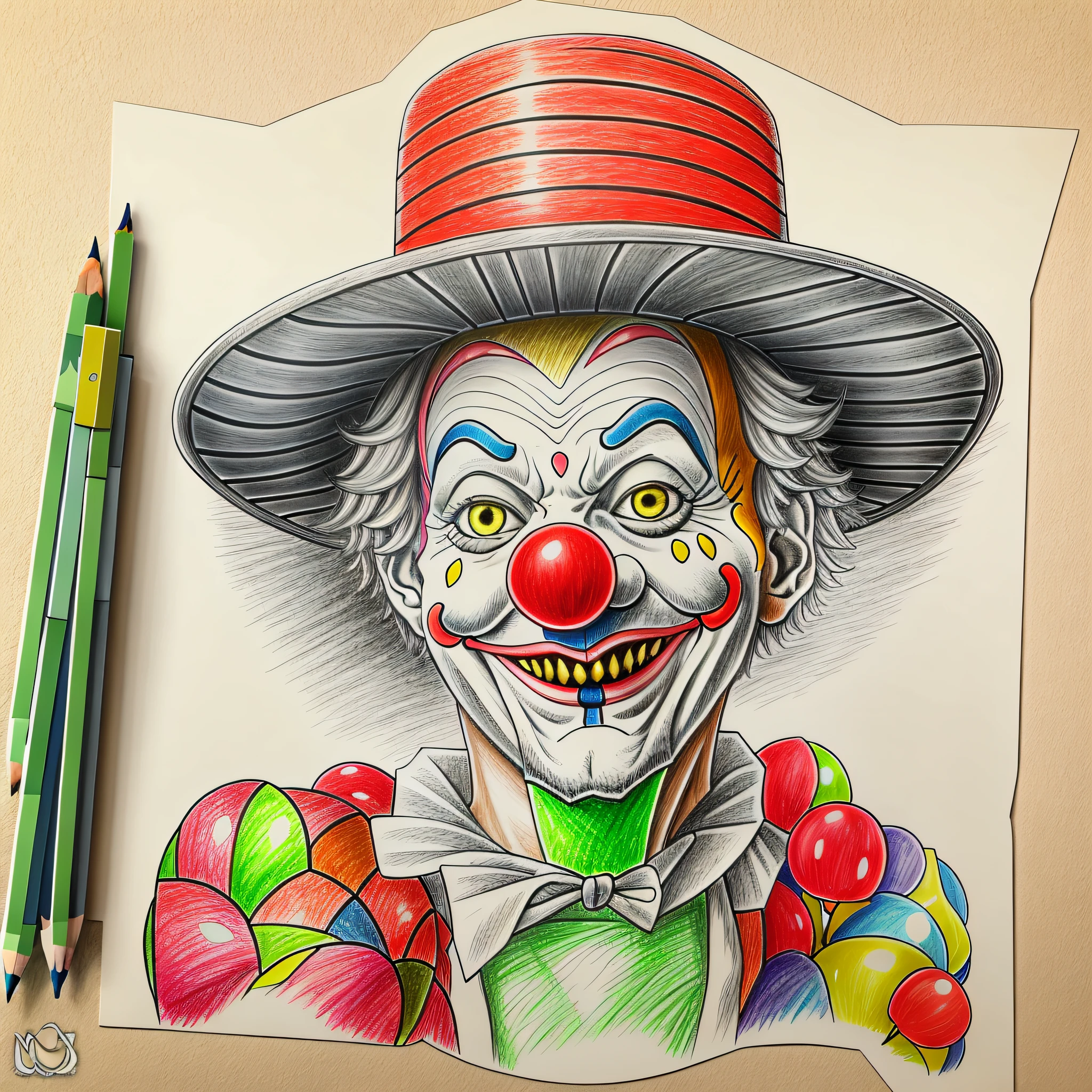 [Em uma folha de papel branco, A realistic drawing of a very fun clown is made with graphite pencils. Ele tem um rosto redondo, com nariz vermelho, olhos azuis e sobrancelhas grossas. Ele usa uma peruca laranja, a green hat and a colorful outfit. Ele sorri com os dentes nus, mostrando uma alegria contagiante. He holds a red balloon in one hand and makes a positive sign with the other. The design is inspired by the style of Diego Koi, a famous Italian artist who makes hyper-realistic works with pencils.]