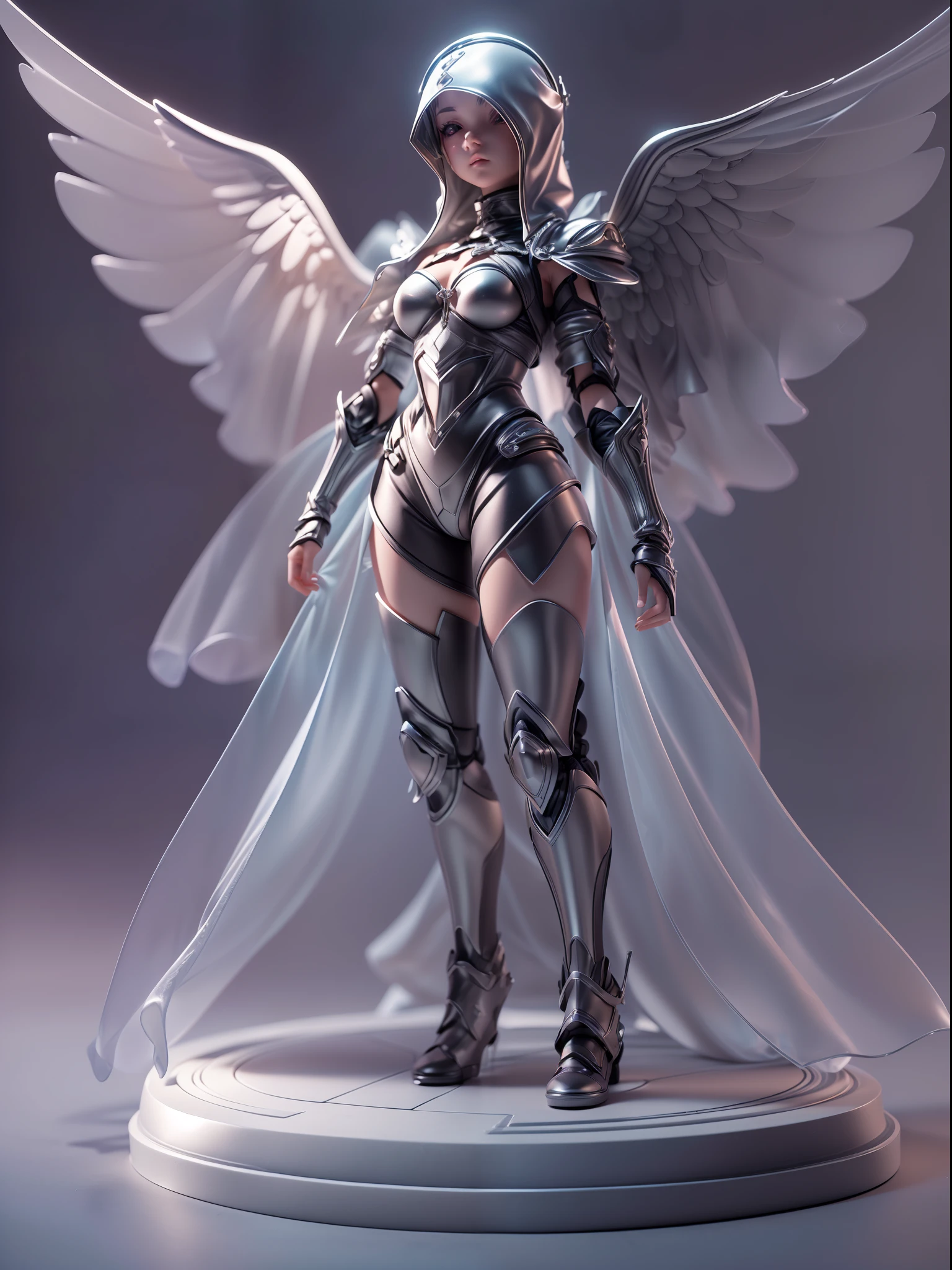 (Blind box toy style:1.3),((Full body shot)) , (1 female angel)(((solo))) transparent cloth armor,transparent Cloth hood, dreamy glow, Clean dark background,black and silver style,(circular base)( Global illumination, Ray tracing, hdr, unreal render,reasonable design, high detail, Masterpiece, Best quality, hyper HD, Cinematic lighting)