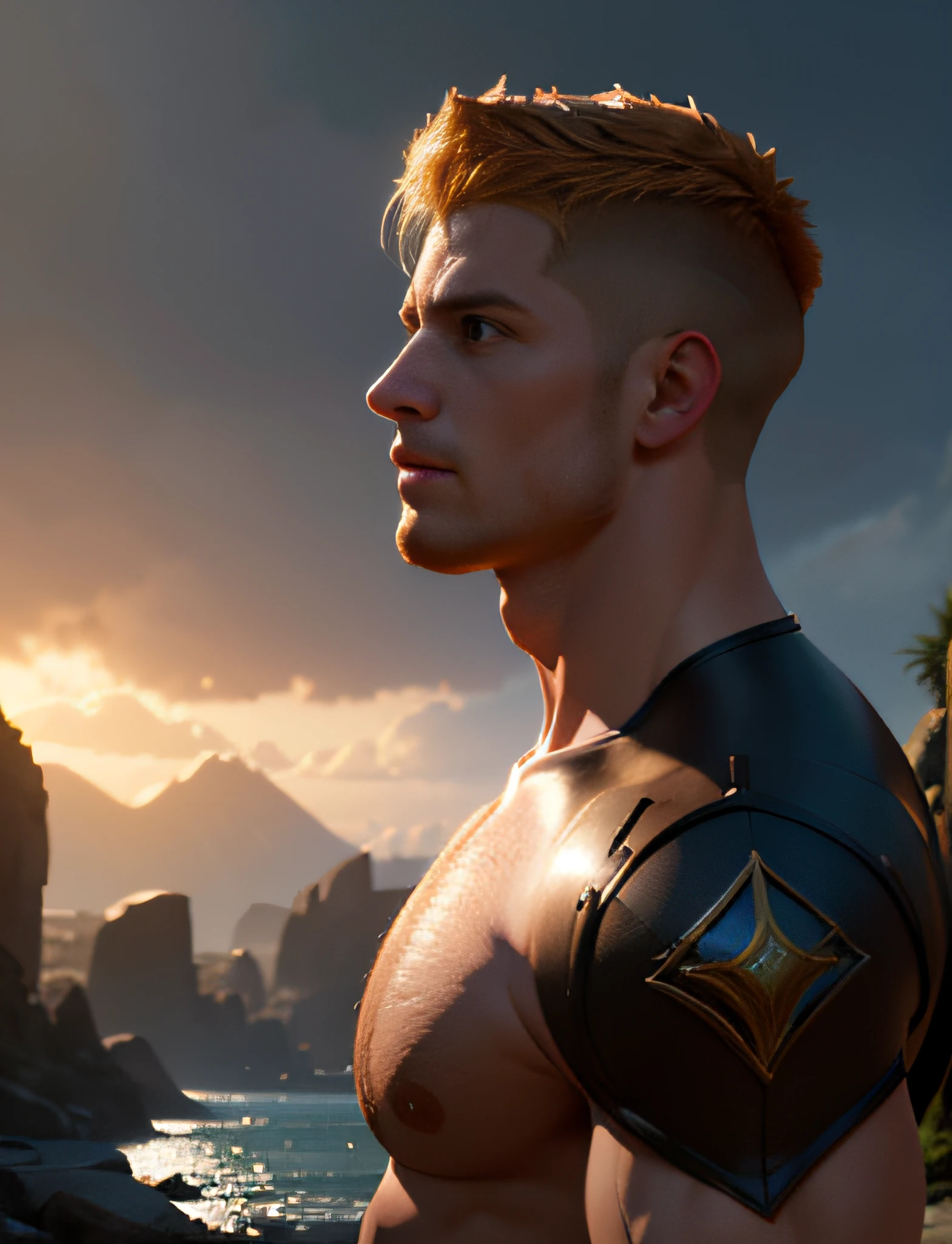 Stunningly light skin muscular ginger guy, walking near river, without clothes, sin camisa, with short hair quiff haircut, muscular body, cuerpo de Dios griego, small waist, beautiful d&d character portrait, dark fantasy, golden hour, ethereal, pixar, detailed, realistic face, digital portrait, intricate details, fiverr dnd character, wlop, artstation, hd, octane render, in the style of artgerm and rutkowski, beautiful landscape, realistic and natural, detailed full-color, nature, hd photography, perfect composition, gloss, hyperrealism
