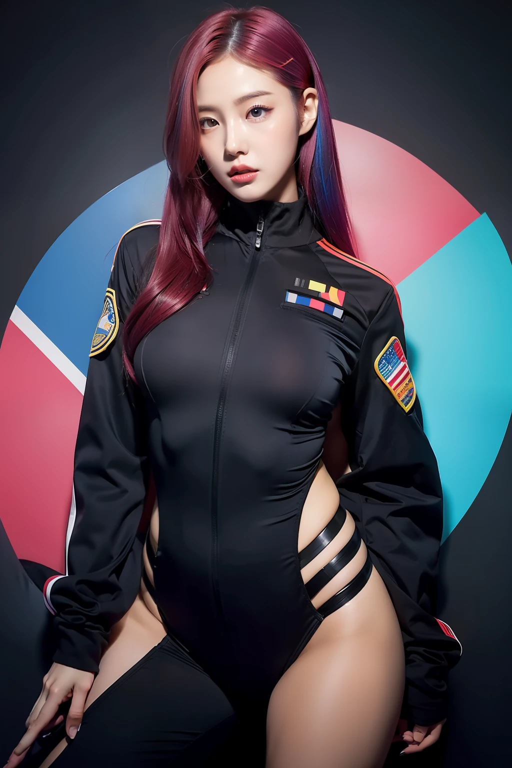 soldier suit girl, gun, superlative, masterpiece, seduction, full body, heavy makeup, hair ties, slightly open mouth, big eyes, glossy, very pretty face, slender waist, sex pack, rainbow hair