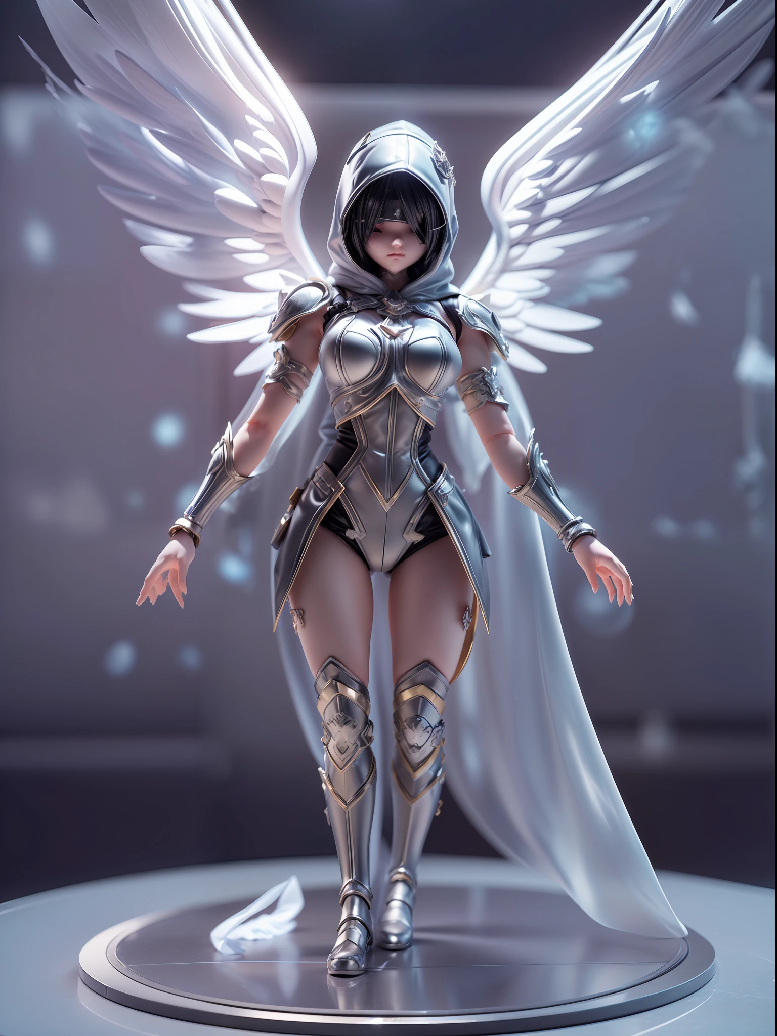 (Blind box toy style:1.3),((Full body shot)) , (1 female angel)(((solo))) transparent cloth armor,transparent Cloth hood, dreamy glow, Clean dark background,black and silver style,(circular base)( Global illumination, Ray tracing, hdr, unreal render,reasonable design, high detail, Masterpiece, Best quality, hyper HD, Cinematic lighting)