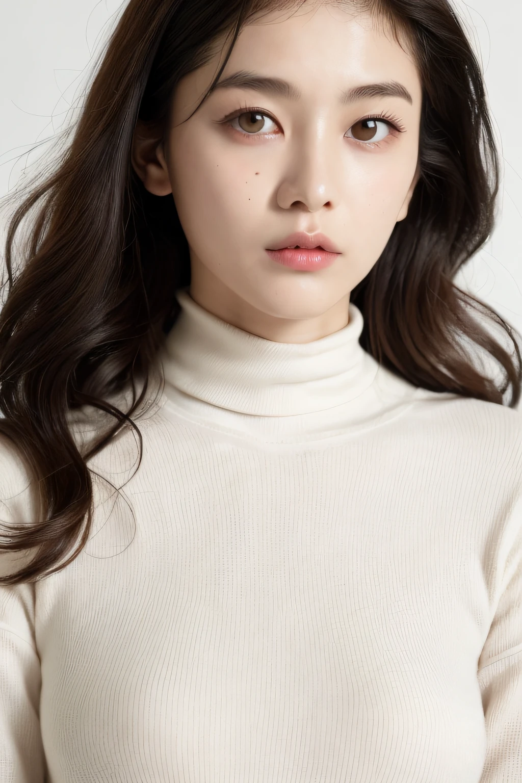Mature mature young woman、turtle neck、Super cute、Extreme close-up upper whole body、soft skin perfect face、gorgeous long wavy brown-haired、8K分辨率、A hyper-realistic、ultra-detailliert、hightquality、erotic beautiful immature lady wearing trendy underwear clothing at a Ranway、(huge-breasted:1.5)