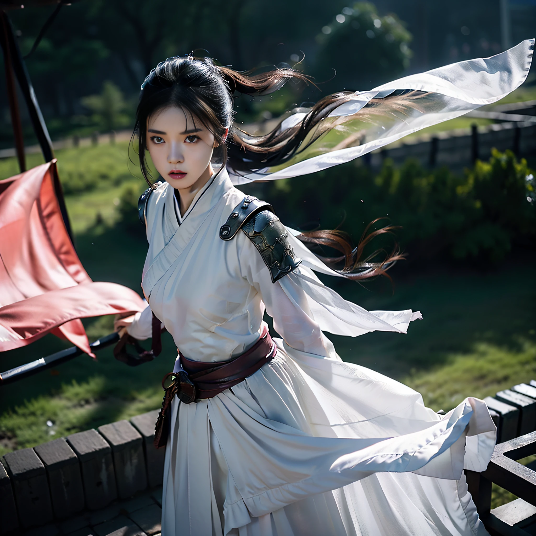 1个Giant Breast Girl,(Mature girl),Thin,warrioress,deusa Atena,animemanga girl,anime cosplaying,realistic cosplay, Willow eyebrows, Handsome, The expression is serious,Black color hair, Yellow eyes, Raise an eyebrow,Short ponytail hair,Translucent skirt, long skirt, (Pure white skirt), obi strip,Shoulder blades,White cape,standing on your feet, long eyelasher, Solid, Round eyes, ears red, fragrans,Background bokeh,starryskybackground,Stand on the city wall,Chinese City Wall, mountain ranges, Epic, ultra-realistic realism, Falling shadows, super detailing, acurate, stereograms, atmosphric perspective, 8K, best qualtiy