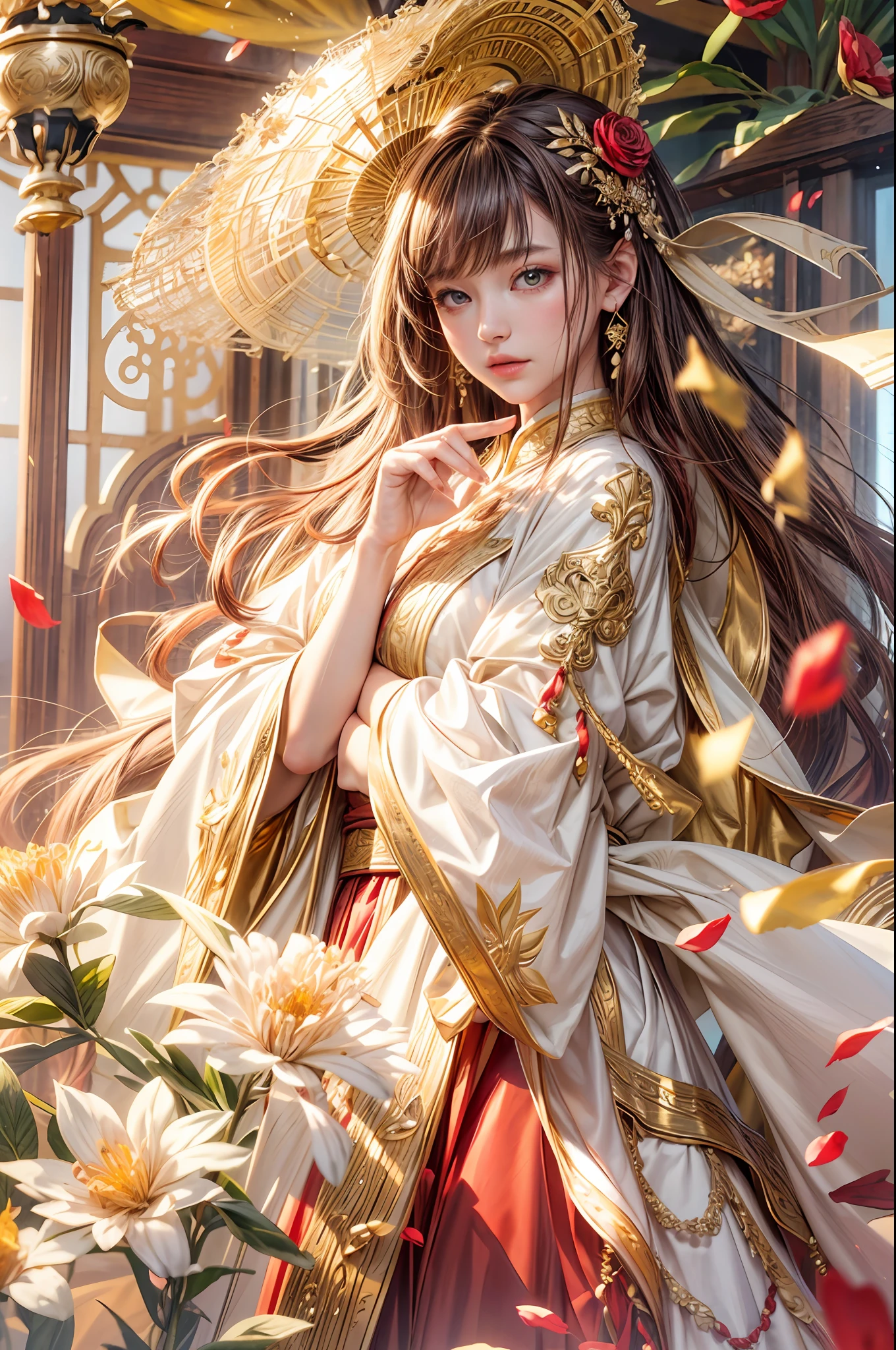 best quality, masterpiece, highres, (exquisite body:1.5),gorgeous face,(milky skin:1.3),intricate details,high resolution,wallpaper,
1girl, solo, dress, hair ornament, (((gold and red dress))), flowers, long hair, brown hair, closed mouth, jewelry, long sleeves, hand up, wide sleeves, big eyes,floating hair, chinese clothes, hanfu, embroidery, long skirt, natural pose, falling petals, indoor,fanning, lantern,
16K,HDR,highres,depth field,(film grain:1.1),boken,golden hour,(lens flare),vignette,rainbowing,(color grading:1.5)