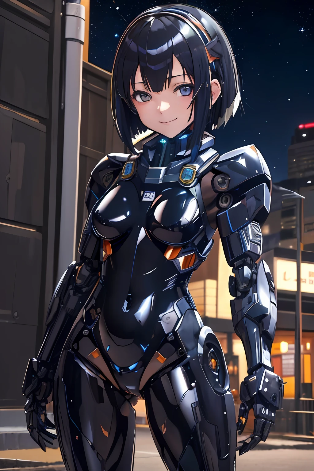 ((masutepiece,Best Quality, Detailed)), 1girl in, Solo, Cowboy Shot, Outdoors, Night, Cityscape, Starry sky, Detailed eyes,
oshino ougi, School run, Black Gloves, Smile, Closed mouth, inner colored hair, Half-closed eyes,
(mecha musume, Mechanical parts, Robot joints, Black bodysuit)