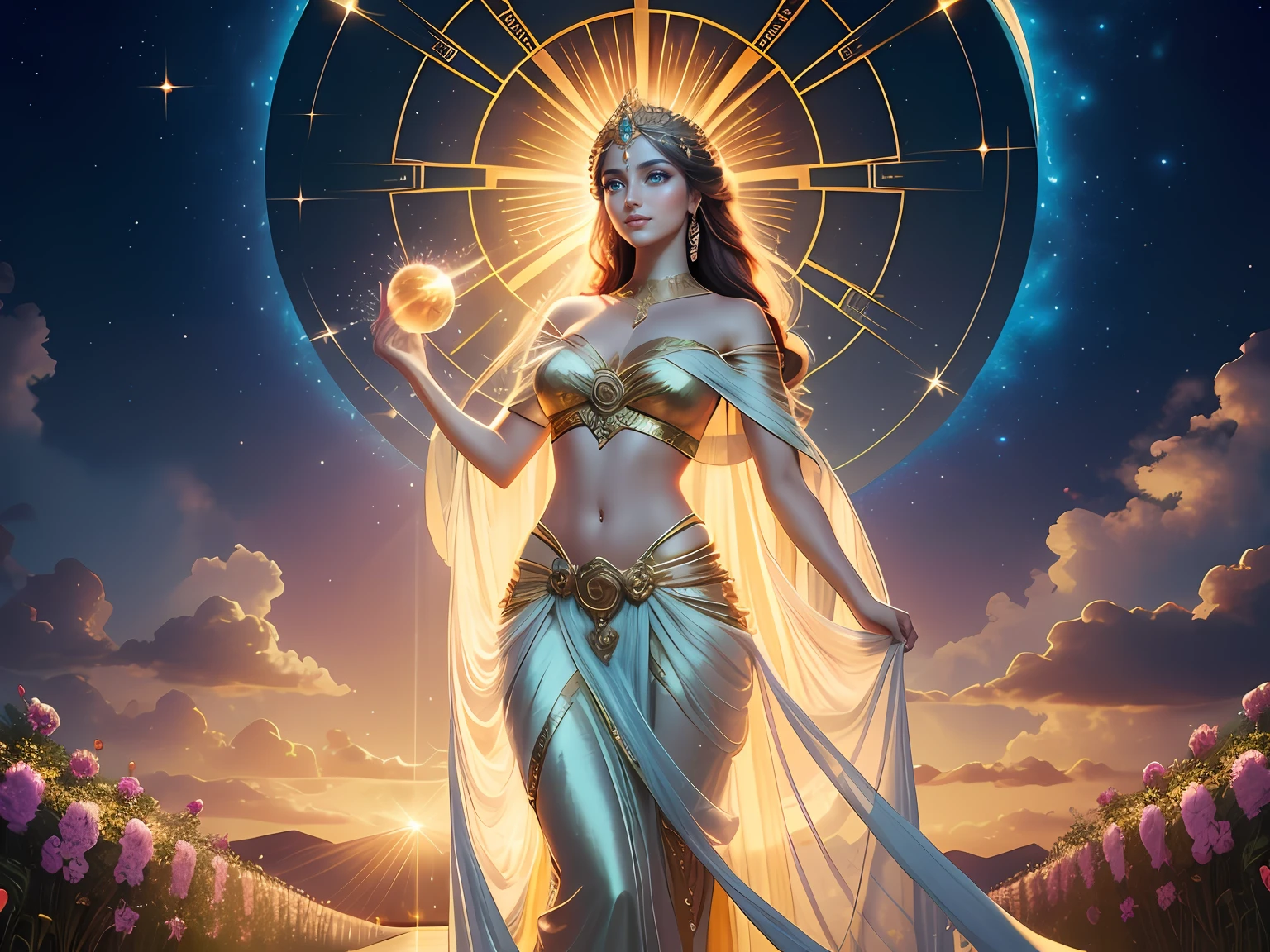 Hemera, the Primordial God of the day in Greek mythology, is represented as an ethereal and radiant figure.  Her anatomy is slender and elegant, with smooth, defined curves.  Her face radiates light, with eyes the color of the daylight sky that sparkle like stars and a warm smile that lights up her countenance.  Her golden hair flows in soft waves to her hips, shimmering like sunbeams.  She wears a diaphanous silk tunic in golden and light blue tones, which blend like sunrise and sunset.  On her shoulders rests a shawl woven with threads of light, similar to the rays of the sun.  In her hands she holds a luminous sphere that emanates sparkles, symbolizing the day in its full splendor.  Hemera stands in a heavenly garden, surrounded by flowers that open in her presence and where the sunbeams dance around her, creating a scene of light and life. ((masterpiece)). Professional photo, waist up photo, ultra sharp focus on the woman. RAW analog photography, 80mm f2.8 lens, sunny day lighting,