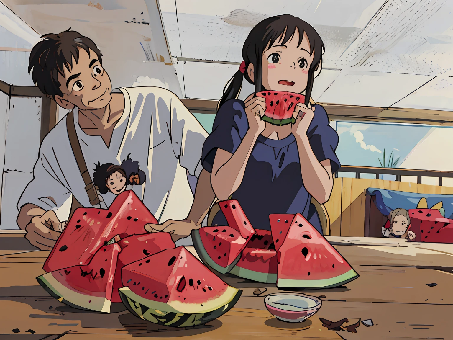 closeup cleavage,Grandpa watched his granddaughter eat watermelon,Girl holding watermelon,cheerfulness,blissful,Hayao Miyazaki anime style,in style of ghibli,The girl squinted with joy