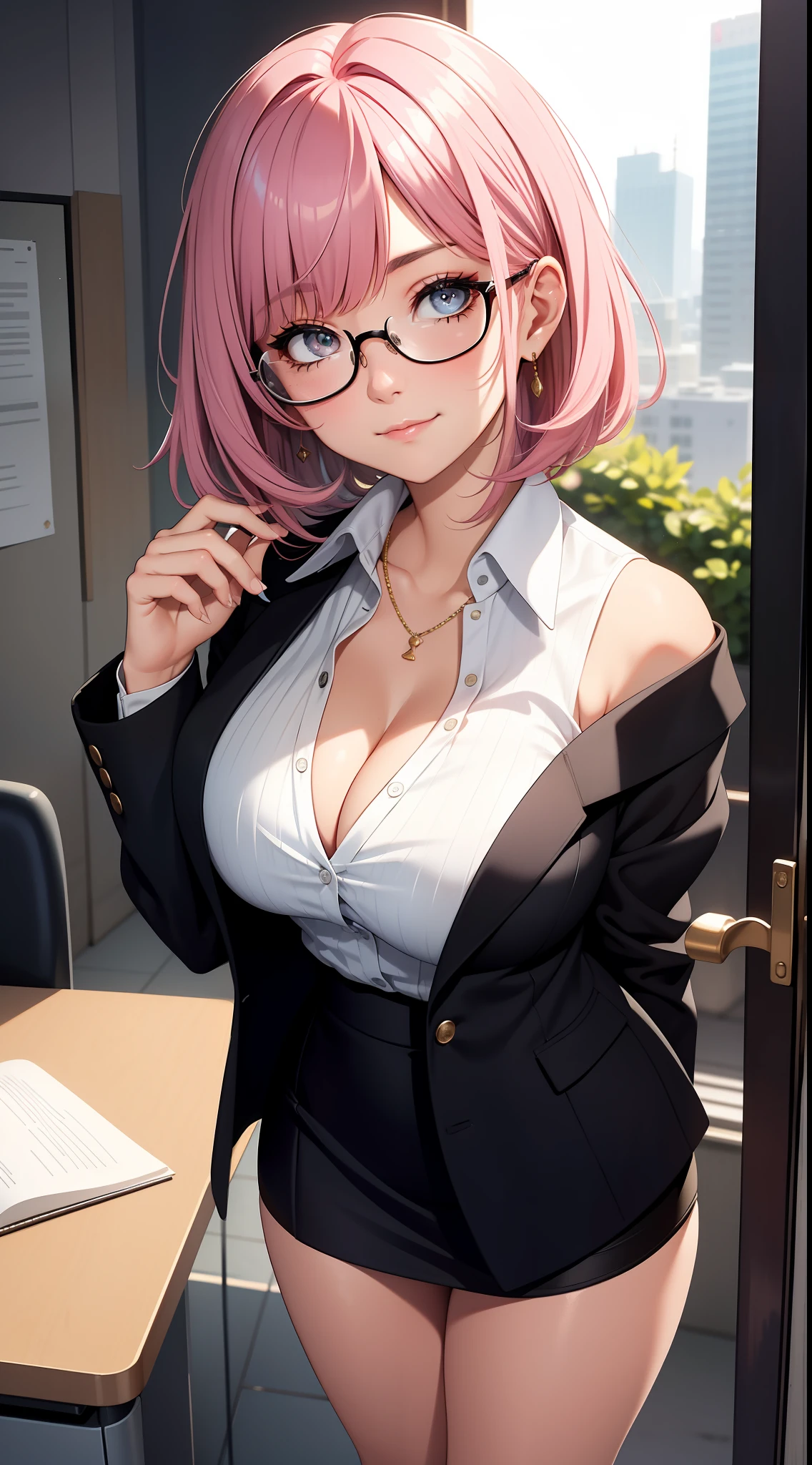 (Best quality:1.1), (Masterpiece:1.2), Highqualityshadow, Beautiful detailed, Beautiful face, Detailed eyes, Off-the-shoulder attire，Depth of field, A high resolution, Best shadow, Best illumination, 1girll, view the viewer, （A pink-haired:1.3)，Brush cut，extra very short hair, Blunt bangs, Long hair, Black eyes, Shy, Large breasts, Miniskirt, blouse, Blazer, Pump, Office Lady, Glasses,cleavage，looks into camera，ssmile，closeup cleavage，Superskirt