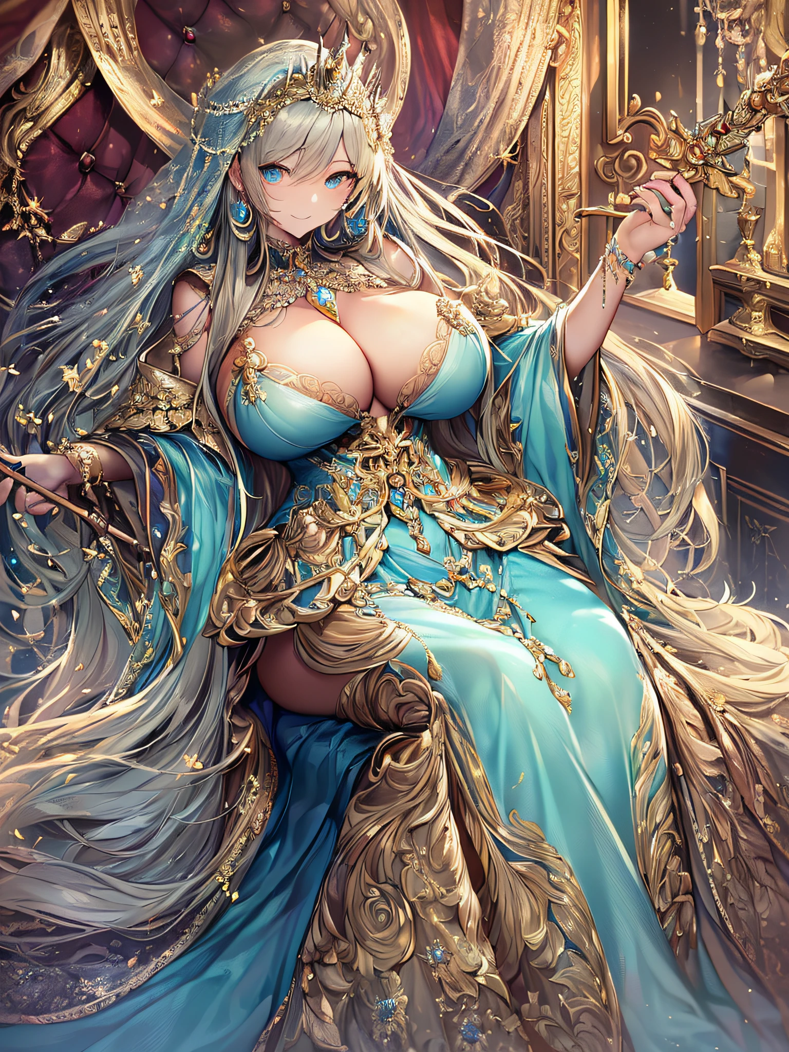 ((anime artstyle)),(Masterpiece),(Best Quality), (Super Detail),((Very Delicate and Beautiful)),(((Solo))),((full body)),(((milf))),(((1 queen in beautiful embroidery and jeweled bling-bling gorgeous rococo ball gown dress with voluminous full length hoop skirt,))),sitting on the throne,(bling-bling),Long train,(((sitting on the gorgeous throne in the throne room,holding a scepter in one hand))),(bling-bling gorgeous gemstone jewelry),detailed face and eyes,jewel-like eyes,seductive smile,((large amount of straight hair,extremely voluminous Very Long Hair,Very Long Straight Hair)),(((gigantic tits,Long tits))),cleavage,(gorgeousfull embroidery and lace),gorgeous corsage,See-through,extremely gorgeousfull hair ornament,(bling-bling extremely gorgeousfull jeweled tiara),ornate ruffles,(hoop skirt,crinoline),((Dynamic Angle)),Looking at viewer,((full body)),((beautiful embroidery and jeweled extremely gorgeous rococo ball gown dress with voluminous full length hoop skirt))