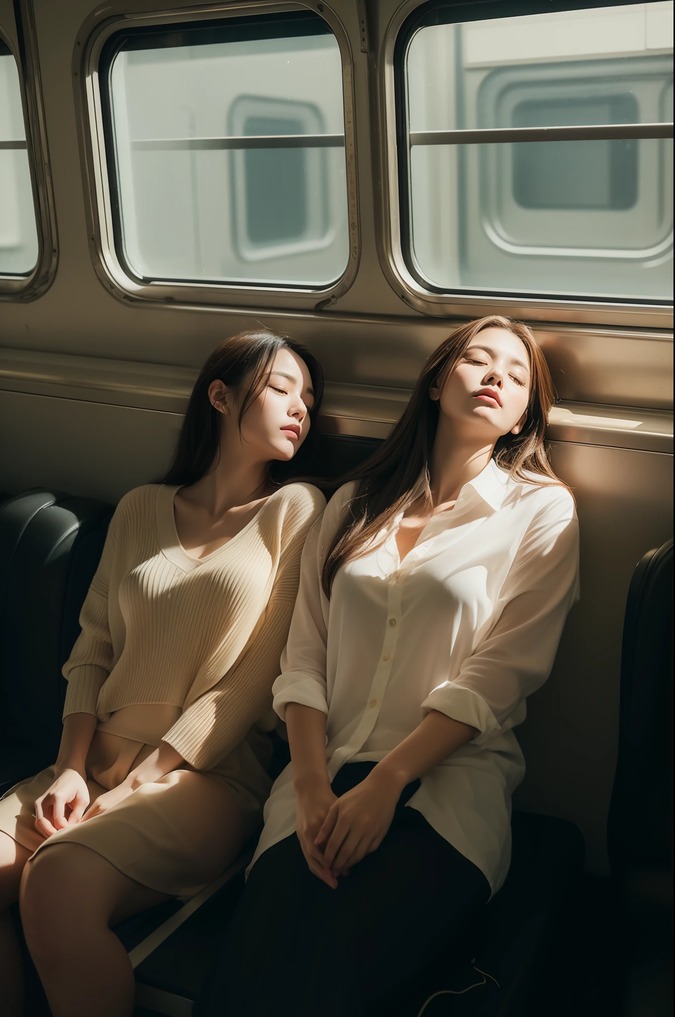 top-quality, masterpiece, 8K, 超A high resolution, (Photorealsitic:1.4), Highly detailed and intricate details, Delicate and beautiful, good lighting, profetional lighting, foco nítido, detailed shadow, Exquisite details and textures, depth of fields, Unity 8k壁纸, Film composition, 电影灯光, Official Art, (On the train, Train corridor, Train seats、Scenery) 、(1womanl)、(sitting and sleeping:1.3)、Face facing down、The shirt、skirt by the、Angle from below