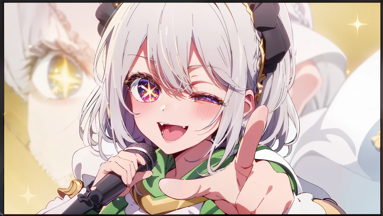 tmasterpiece、The is very detailed、(1 girl in:1.2)、largeeyes、closeup cleavage、A smile、8K、short-hair、anime big breast、Shining eyes、(((White idol costume))), (((green scarf))), (((brown gauntlets))), Dance, sing, brilliance, be on stage,Green hair accessories, Stage, A light, striated hair, Radiant Eyes, mitts, Sing with your mouth open,(((White hair))), ahoge,((french braid)),((Dark gray corners)),((Golden eyes)),(Handheld black microphone),(Gold glitter),(golden rays),face,eye_Focus,((Singing)),aiming at viewer,((Point one finger to the viewer)),Ai Hoshino, Long hair, Purple hair, Striped hair, ((Star-shaped pupils)),