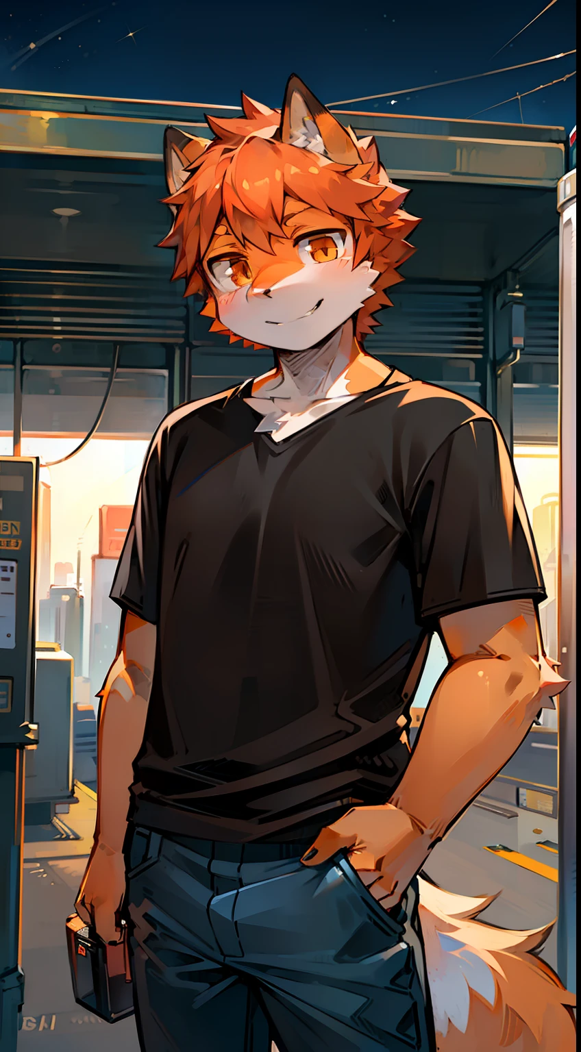 solo, kemono, male, black and orange hair, orange eyes, wear black shirt with nasa logo on middle, wear dark blue pants, look at camera, smile, standing side of black pick up truck, gas station background, noon time