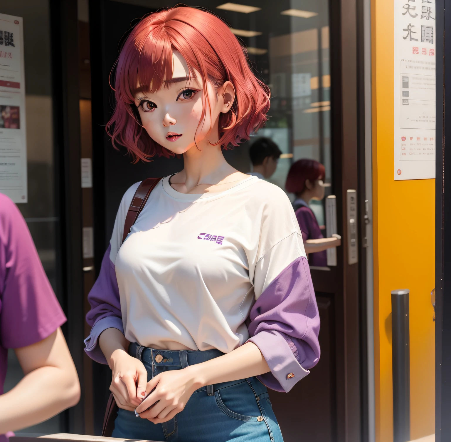 In an alla-fed woman with red hair and a white shirt、Having a mobile phone, With short hair, purpleish color, Red color, chiho, purpleish color, Purple and red, red colored, hime-cut, material is!!! plum!!!, Red and purple, hair coloring, girl cute-fine-face, 奈良美智