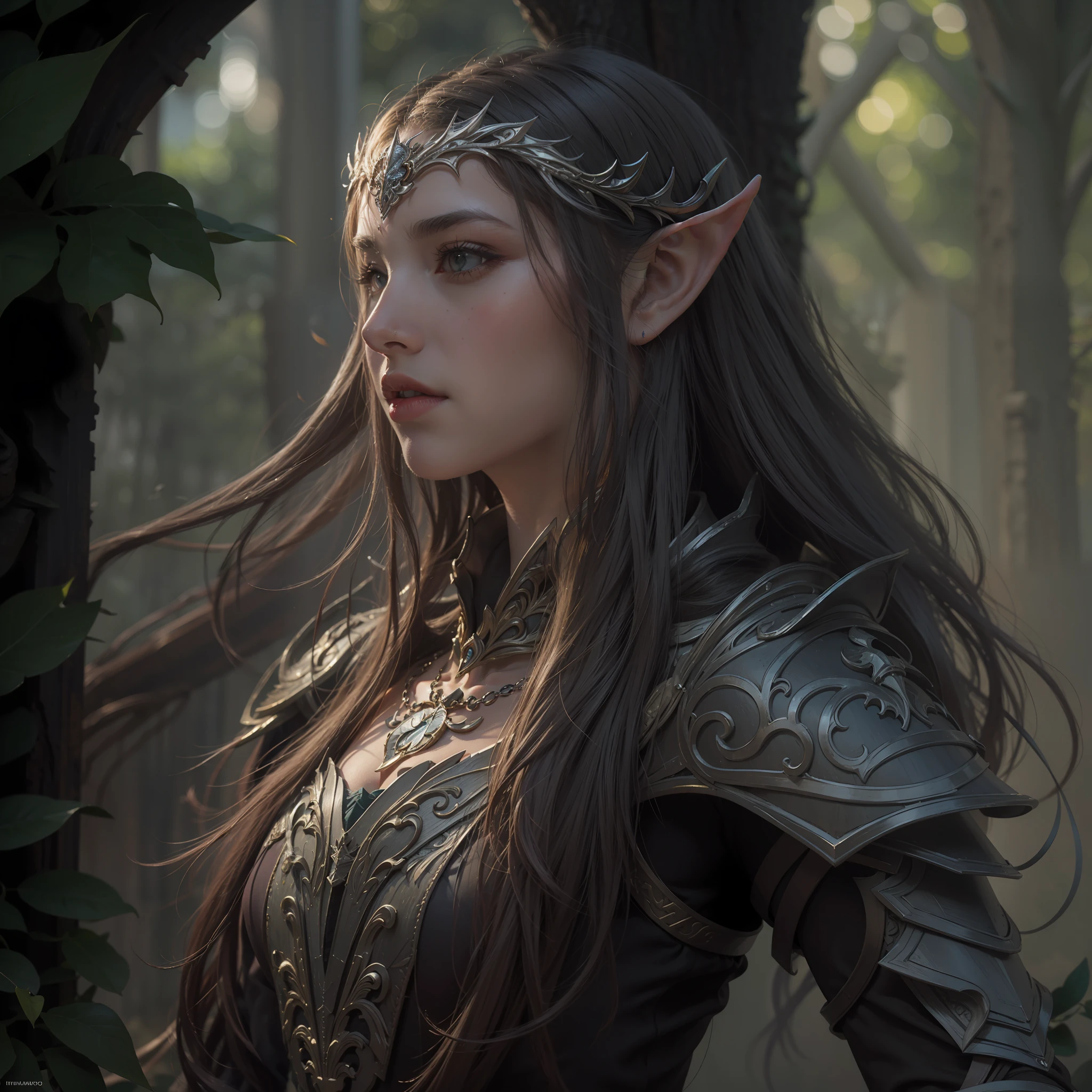 Beautiful portrait painting of perfect female elf warrior, shapeless long hair, perfect features, (wearing ornate elven armor), abstract beauty, near perfection, pure form, dynamic pose, ethereal background, (deep dark shadows), cinematic lighting, concept art by Greg Rutkowski and John William Waterhouse, intricate detail, 8k post-production, High resolution, super Detail, trending on ArtStation, sharp focus, depth of field f/1.8, studio photos.