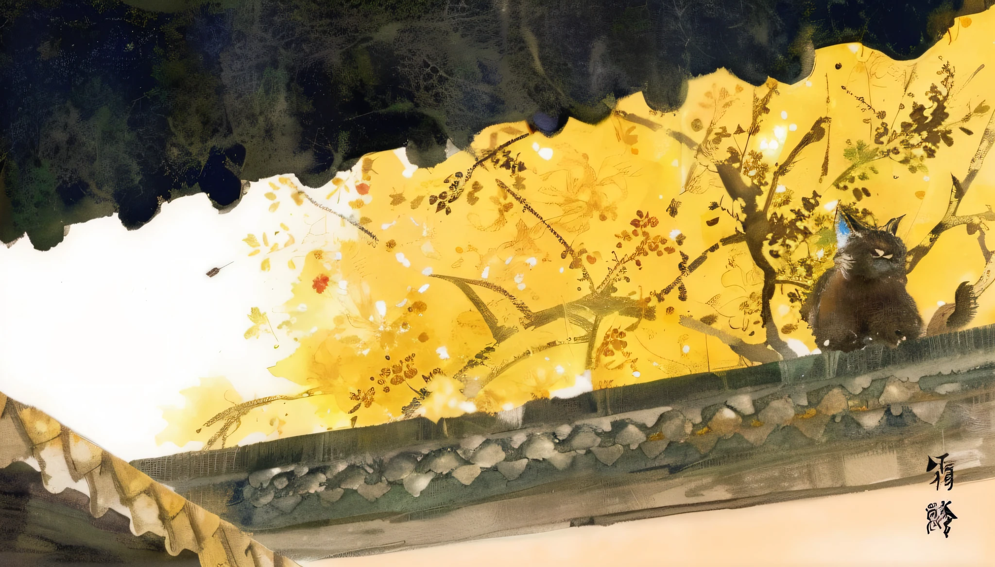 There is a painting of a cat sitting on a roof, yellow awning, author:Sun Junze, inspired by Sun Kehong, Chinese watercolor style, Gold mottled lighting, touch of gold leaf, Chinese painting style, Inspired by Maxfield Parrish, Chinese style painting, ( aquarelle ), inspired by Dong Qichang, detailed watercolour, gold leaf painting, architectural painting