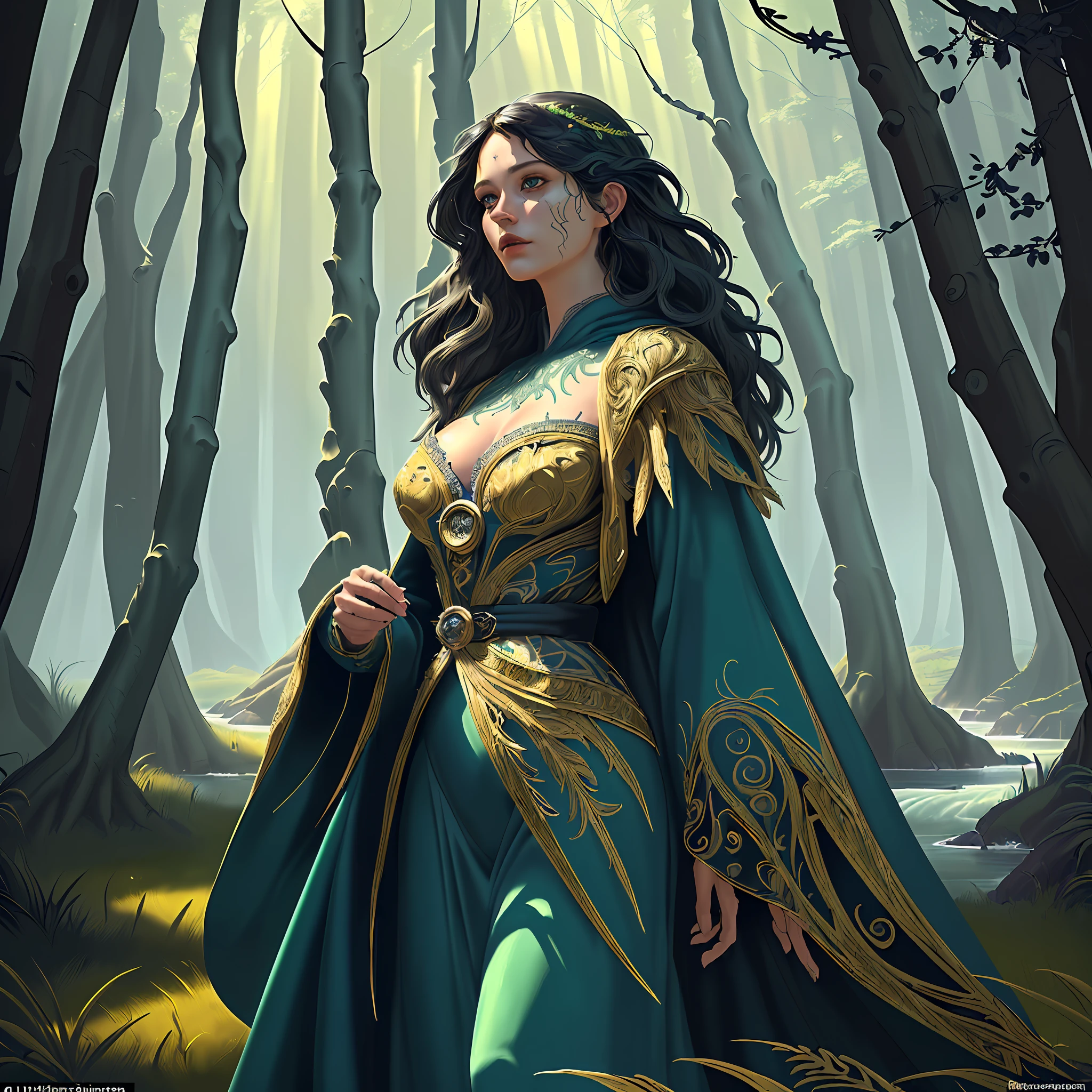 high details, best quality, 8k, [ultra detailed], masterpiece, best quality, (extremely detailed), dynamic angle, ultra wide shot, photorealistic, fantasy art, dnd art, rpg art, realistic art, an ultra wide picture of druid grove in a fantasy forest and its druid warden observing all, a fantasy forest (intricate details, Masterpiece, best quality: 1.5), many trees, a stream of water(intricate details, Masterpiece, best quality: 1.5), waterfall (intricate details, Masterpiece, best quality: 1.5), human female druid, full body (intricate details, Masterpiece, best quality: 1.5),exquisite beautiful woman (intricate details, Masterpiece, best quality: 1.5), ultra detailed face (intricate details, Masterpiece, best quality: 1.5), black hair, long hair, wavy hair (intricate details, Masterpiece, best quality: 1.5),, dynamic eyes color, fair skin, wearing blue cloak (intricate details, Masterpiece, best quality: 1.5), green robe (intricate details, Masterpiece, best quality: 1.5), cinematic light, pastoral atmosphere, divine light, gods rays,