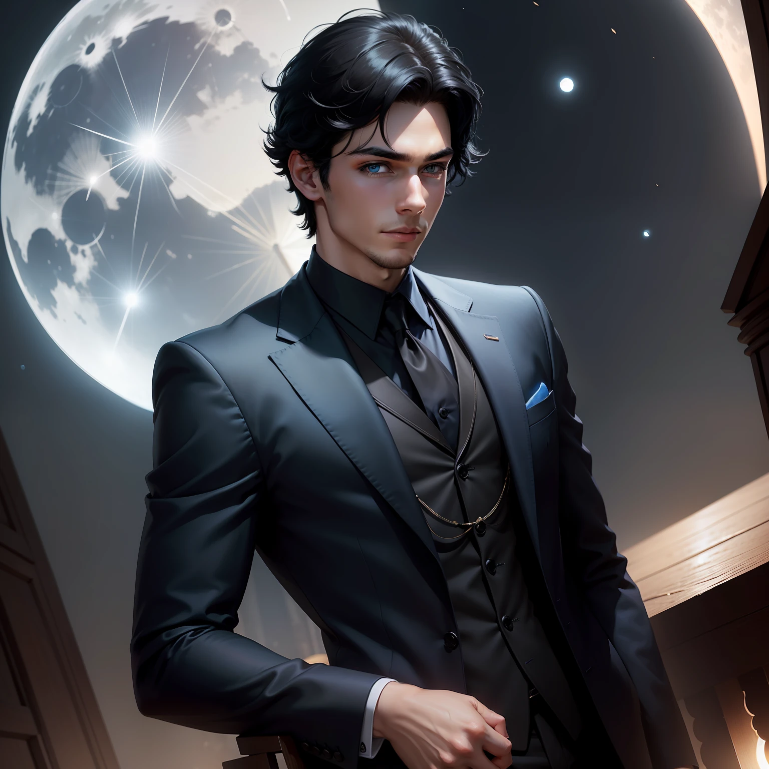 A handsome young man with black hair and blue eyes looked at the bright moon in the sky affectionately