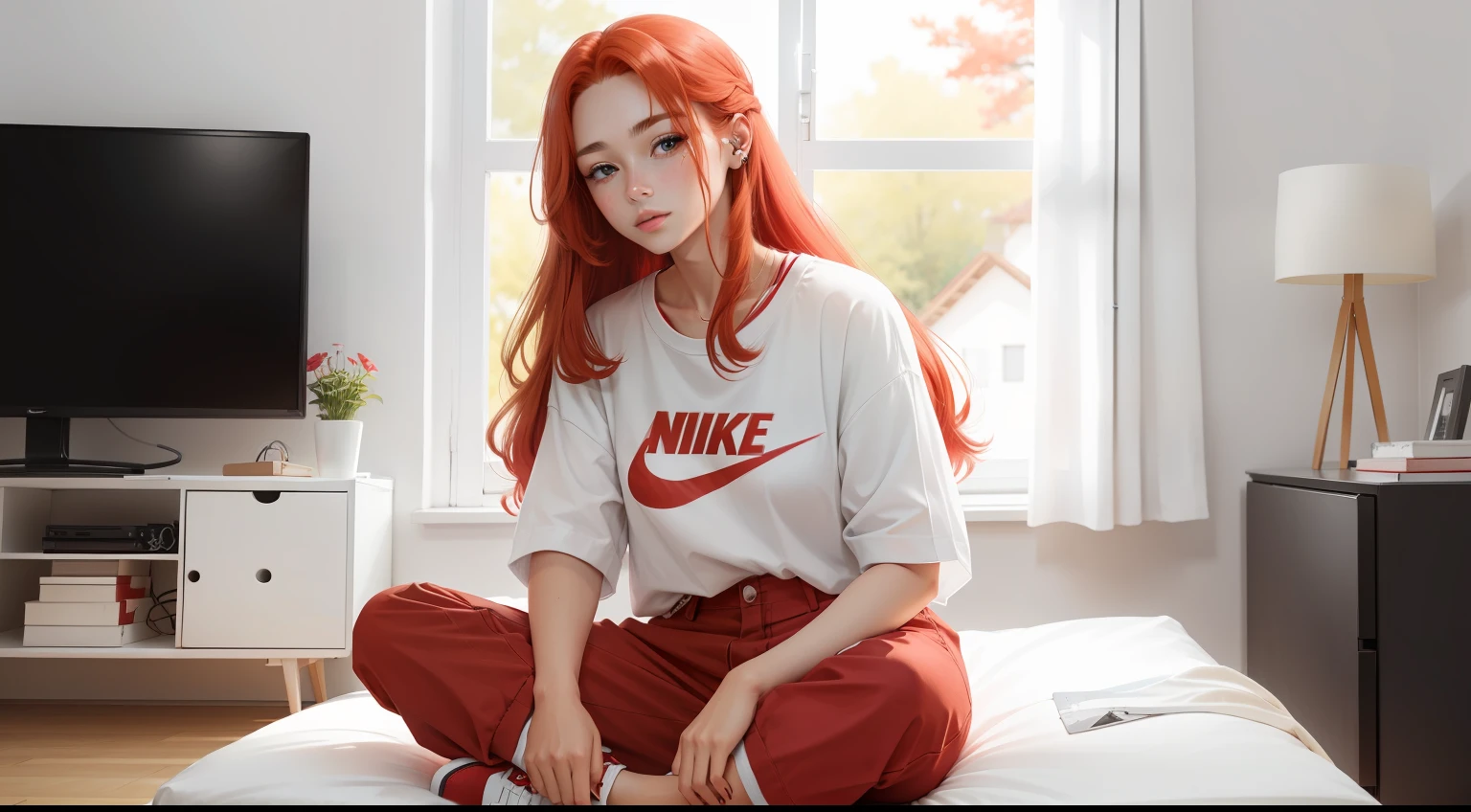 a woman in a white shirt and red pants is playing video game, simple style, wearing elegant casual clothes, muted red, simple clothes, milk and red style, casual clothing style, modern fashion outfit, wearing a fisher , casual modern clothing, inspo, red clothes, red pants, neutral tones, rred and white color scheme, casual business outfit, scary face, nike shoes, 22 years old, adult face, long hair, ((red hair))