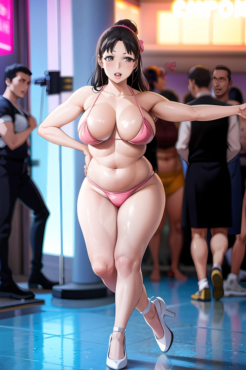Arafe woman in pink bikini dancing in dance studio, bbwchan, thick body, Chic, curvy model, curvy body, Voluptuous body, curvy hourglass figure, curvy figure, voluptuous figure, oppai, Sexy Girl, beautiful thick female, Full body shot in bikini, beautiful curves, Voluptuous body, curvy body, Tifa Lockhart, Naughty anime style, plus size model, Scruffy body,Erotic manga style body,