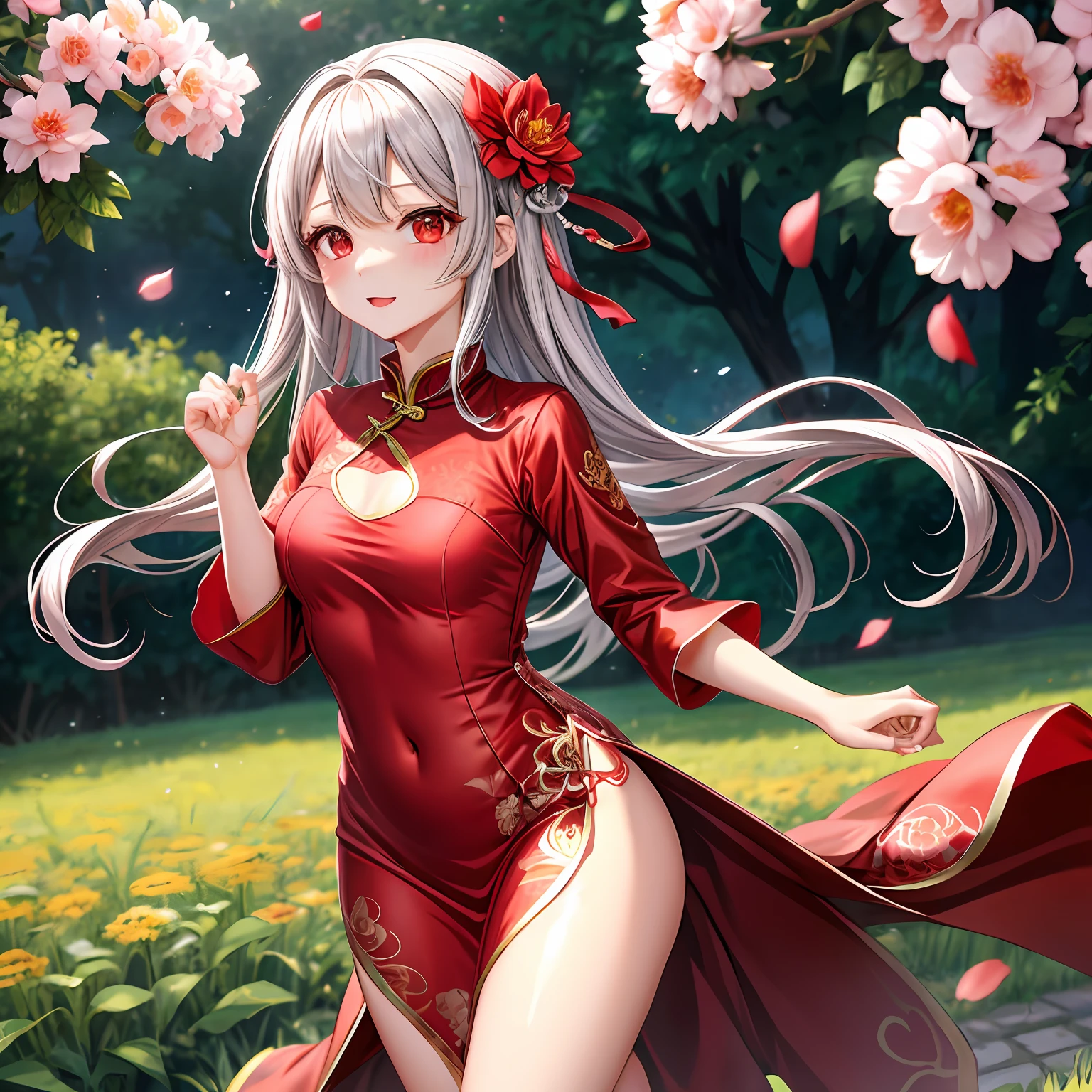 silber hair、red eyes、One pretty girl、独奏、animesque、flower field、red blush、qipao dress、Underwear is slightly visible