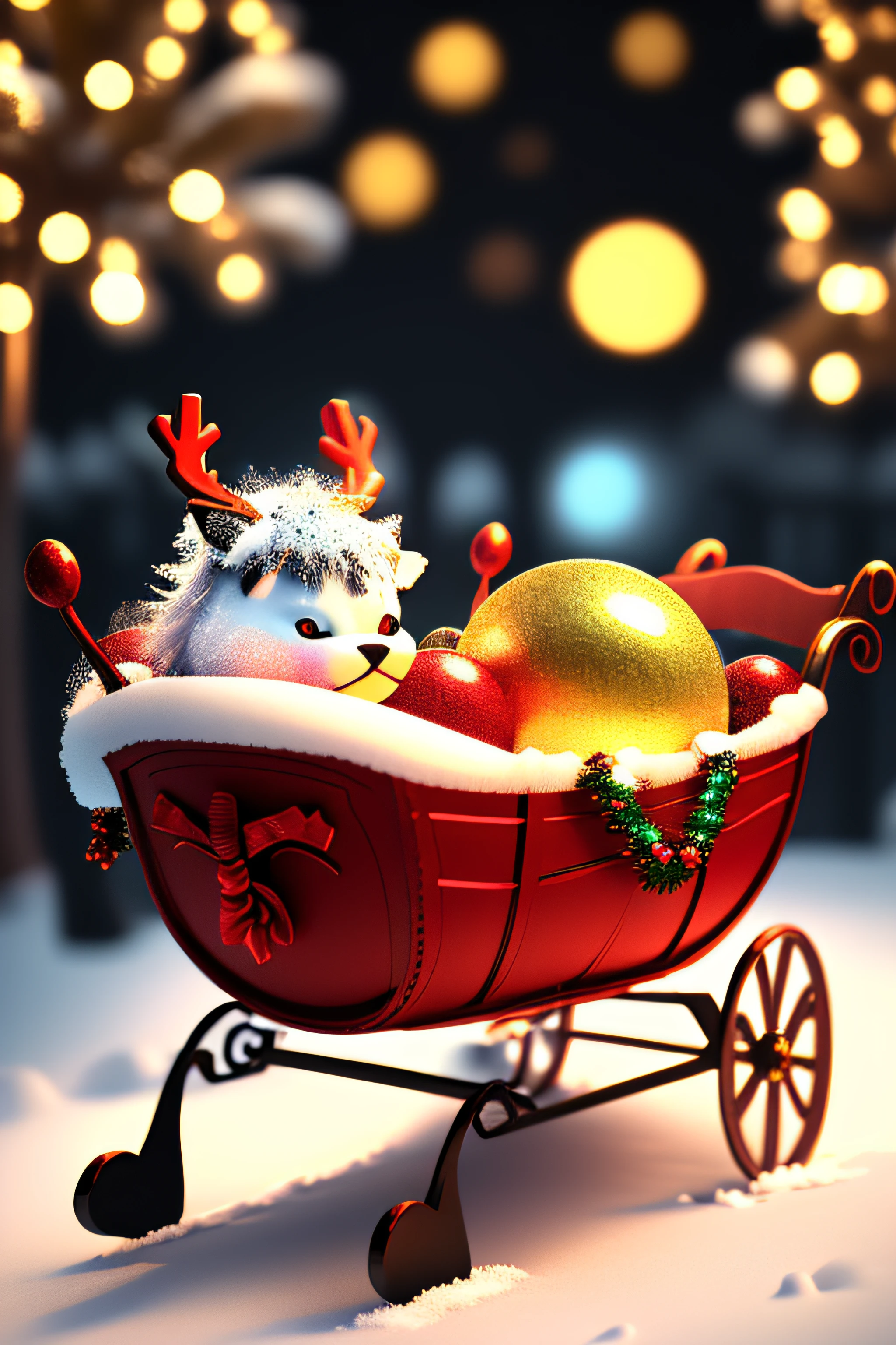3d small sleigh, festive decorations, glittering ornaments, cheerful atmosphere, glowing colors, holiday spirit."