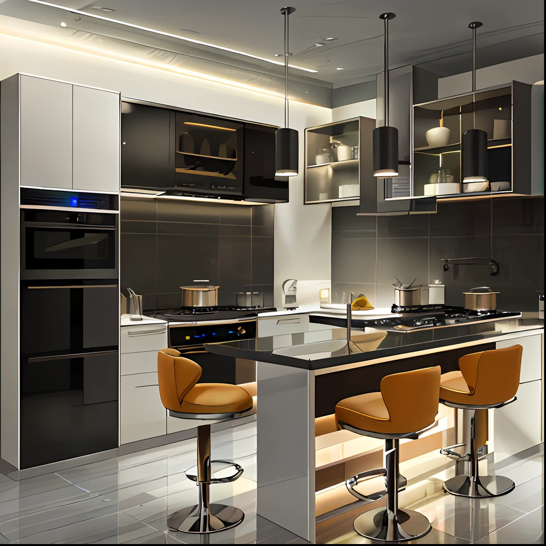 Kitchen , modern style , stainless steel , night light , luxury , minimalism design , hd 8k , details , light warm-up, sharpen details 8k, fullcolor