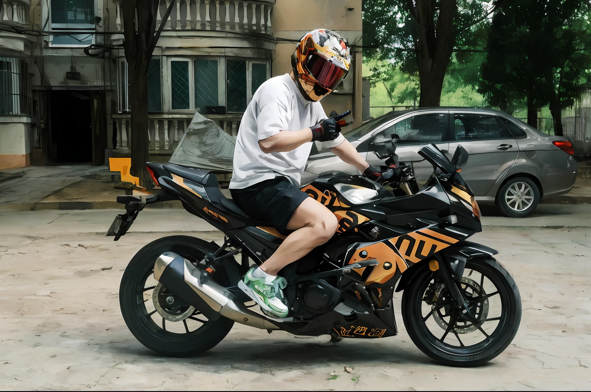 anime, anime style, depth of field, masterpiece,1male people,Wear a motorcycle helmet,Background bokeh,Emphasis on motorcycles,Keep the motorcycle paint style