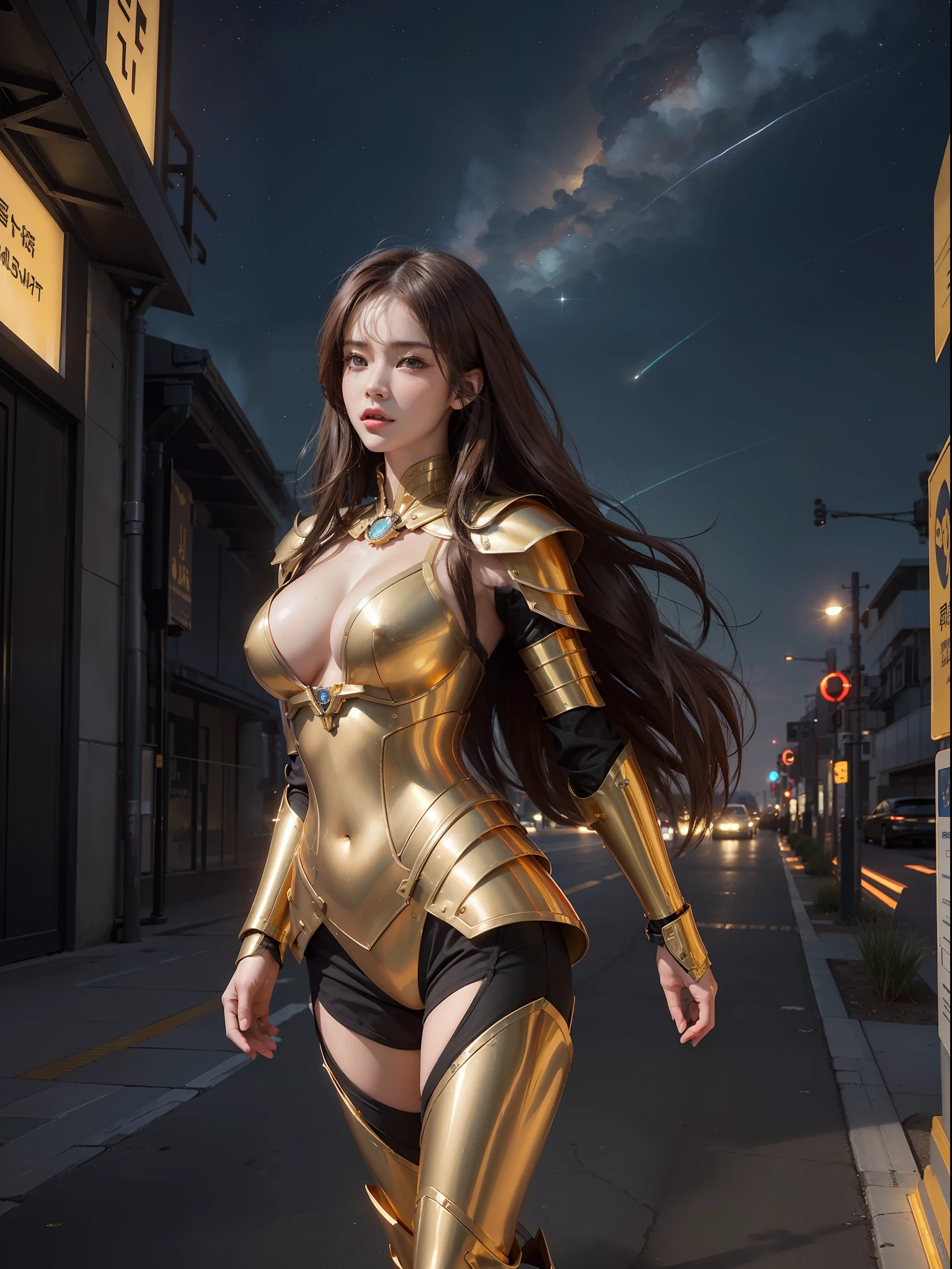 (Raw photography、4K、masterpiece、hight resolution、very intricate)(Photorealsitic:1.4), Cinematic Lighting 1 Girl, solofocus, Wet、 full body Esbian,large full breasts、Chest exposed、cleavage of the breast、Big ass、Exposed buttocks、pubick hair、Slim waist、eyes are brown、Background inside the spacecraft、There are a lot of futuristic meters、(( masterpiece:1.2)), top-quality, top-quality,Official art,the Extremely Detailed CG Unity 8K Wallpapers, artbook, a picture, realisitic, (((Erotic Gold Armor))), (Brown hair long hair), The hair is disheveled、a mecha girl, machine components, A space station, Expressive Hues, Vibrant Palette,B deficiency and white clothes、