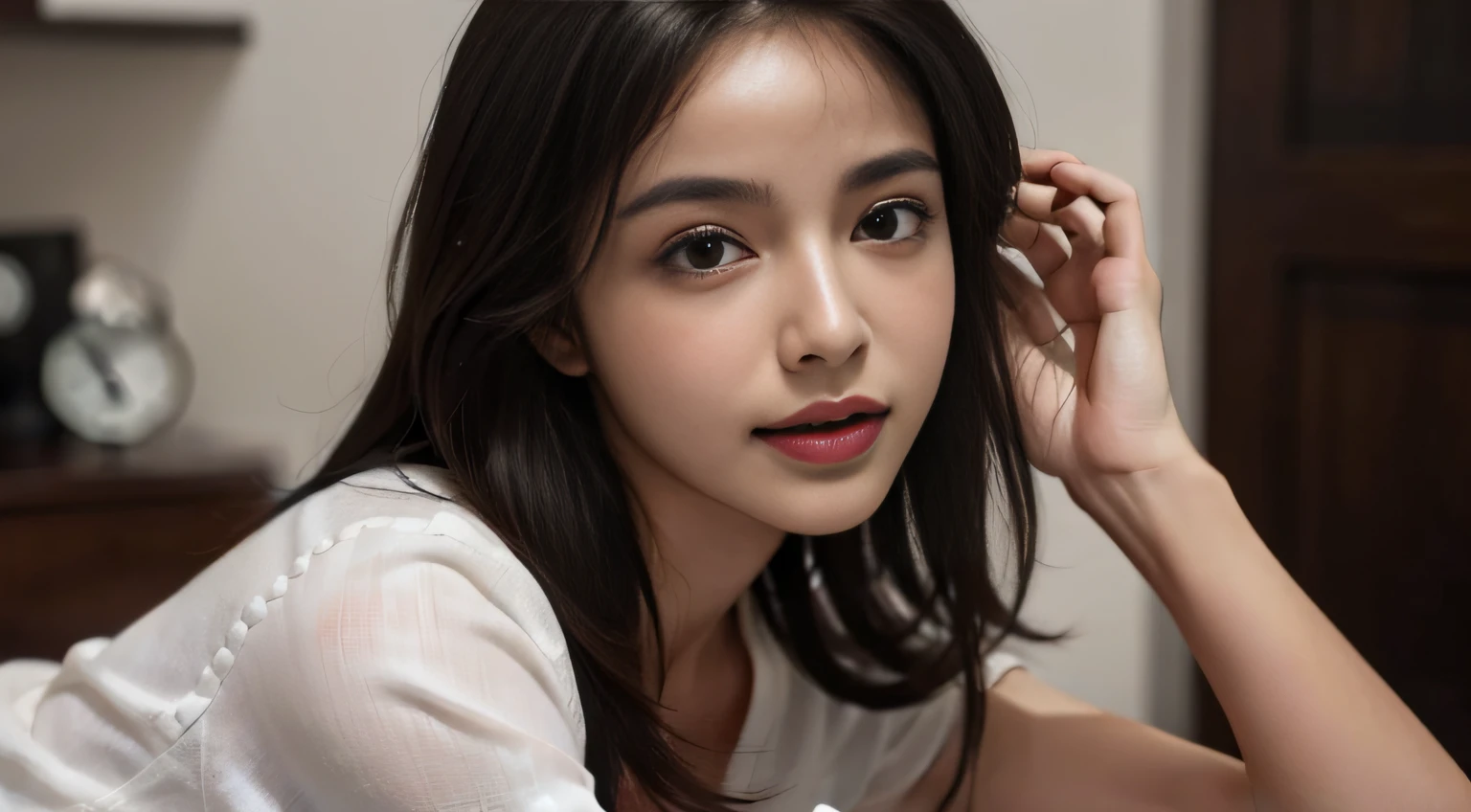 (Masterpiece:1.4),(Best quality:1.4),(Ultra-detailed:1.2),High quality,A high resolution,超A high resolution,(RAW photo:1.2),Extremely detailed,finedetail,,1girll,ssmile，((cabelos preto e longos)),Beautiful detailed eyes,(((full bodyesbian))),(Dobaka),（（White shirt on the upper body：1.5））,（（The bottom is a red miniskirt：1.4）），Walk the street，Pose for a model