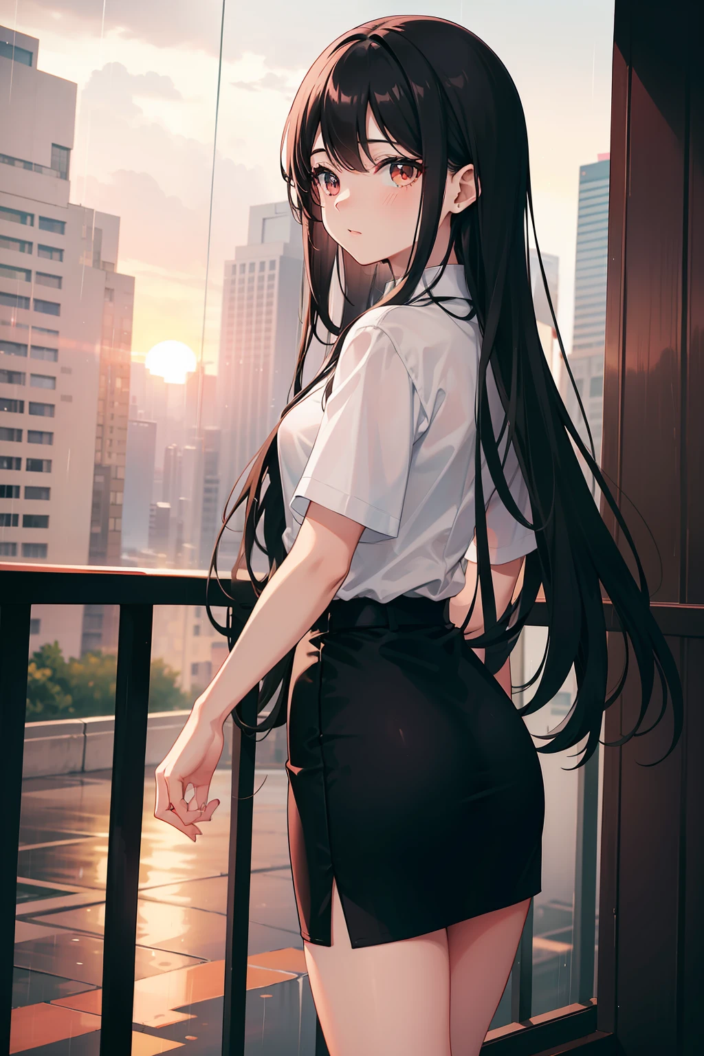 sunset, rain, 1 girl, plain white shirt, black stockings, short black pencil skirt, elegant, beautiful, long hair, tuck in shirt, back facing
