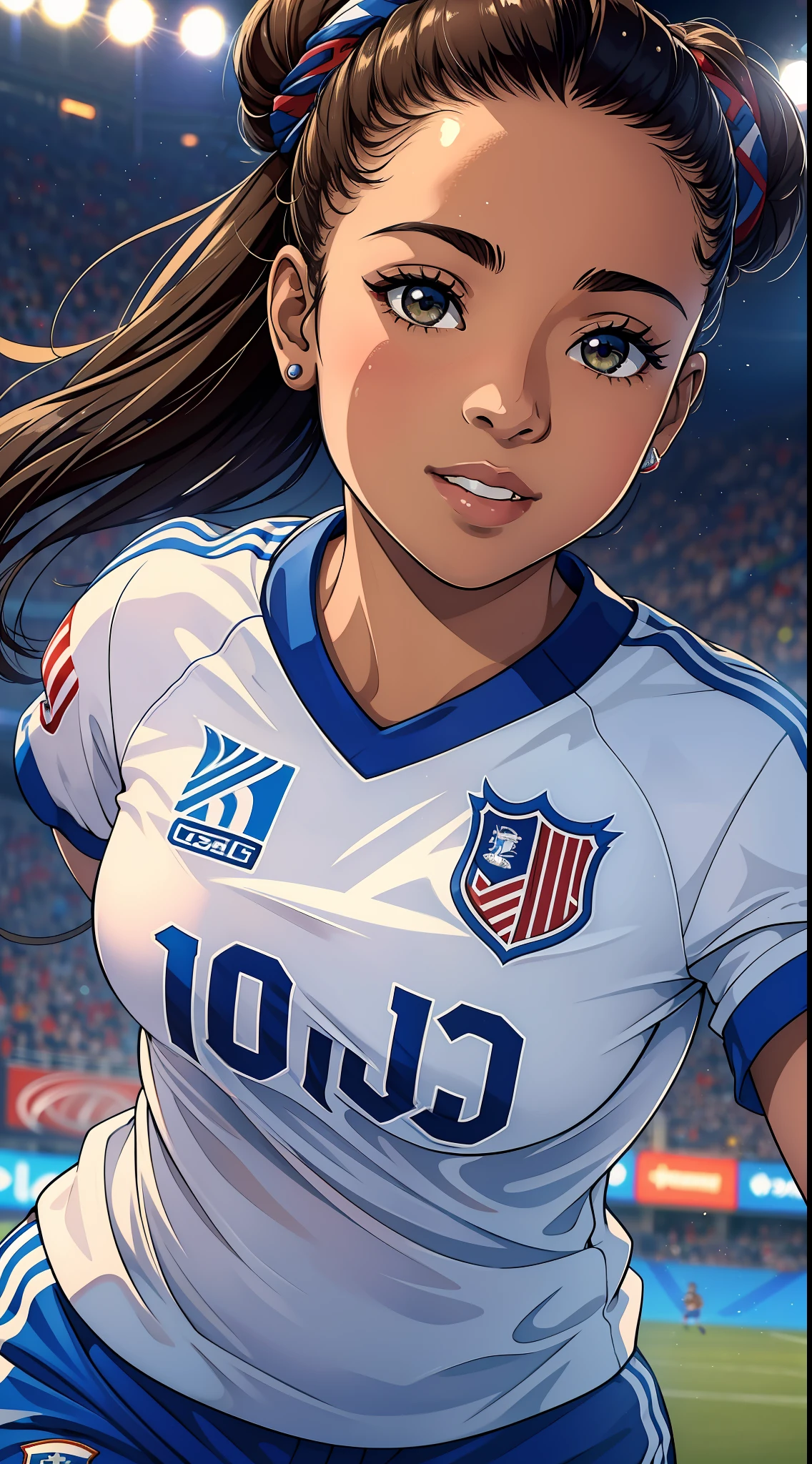 Absolutely! Here's a description of a female soccer player from the United States national team:
Name: Maya Johnson
Age: 27
Position: Forward
Nationality: American
Appearance: Maya boasts an athletic build that's both strong and agile, highlighting her prowess on the soccer field. Her dark hair is often pulled back in a sleek bun, allowing her to maintain focus while playing. Her determined hazel eyes mirror her passion for the sport.
Jersey: She proudly wears the iconic white jersey of the United States national team, with the number 10 emblazoned on her back.
Skills: Maya is renowned for her lightning-fast speed and unparalleled dribbling abilities. She can maneuver the ball seamlessly through defenders and execute precise shots on goal.
Leadership: A natural leader, Maya's on-field determination and off-field dedication inspire her teammates. Her positive attitude and relentless work ethic make her an ideal role model.
Personality: Off the field, Maya is known for her friendly and approachable nature. On the field, her competitive drive is unmistakable, showing her commitment to her team's triumphs.
Achievements: Maya has played an instrumental role in securing numerous victories for the United States, including World Cup titles.
Inspiration: She serves as a beacon of inspiration for young soccer enthusiasts across the United States, embodying the idea that dedication and hard work can lead to greatness.
Off-Duty: When not competing, Maya enjoys spending quality time with her teammates, fostering camaraderie and unity within the team.
Maya Johnson epitomizes the grit, talent, and team spirit that define the United States women's national soccer team.