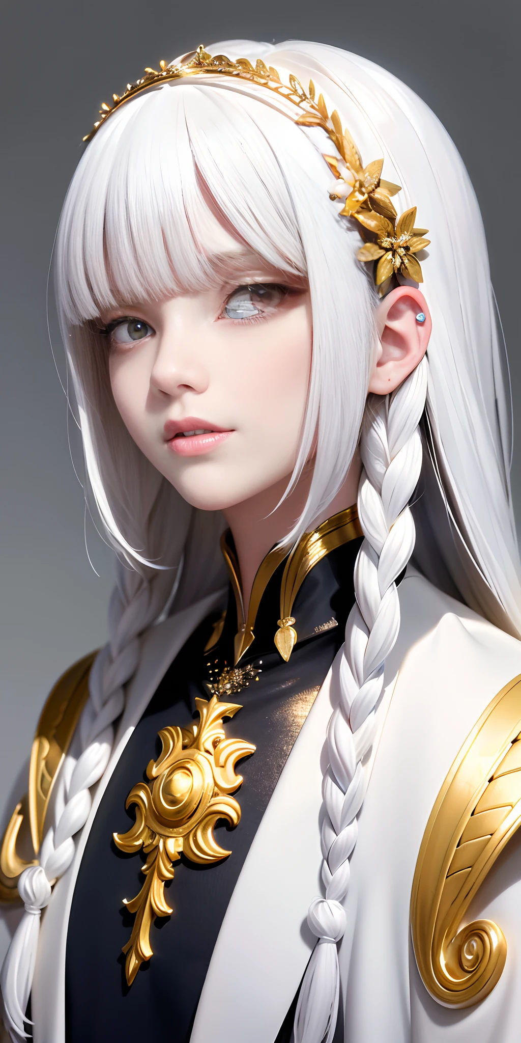 best quality, masterpiece,white hair, gold eyes,white clothes, looking up, upper body,hair strand,Fair skin,side braids