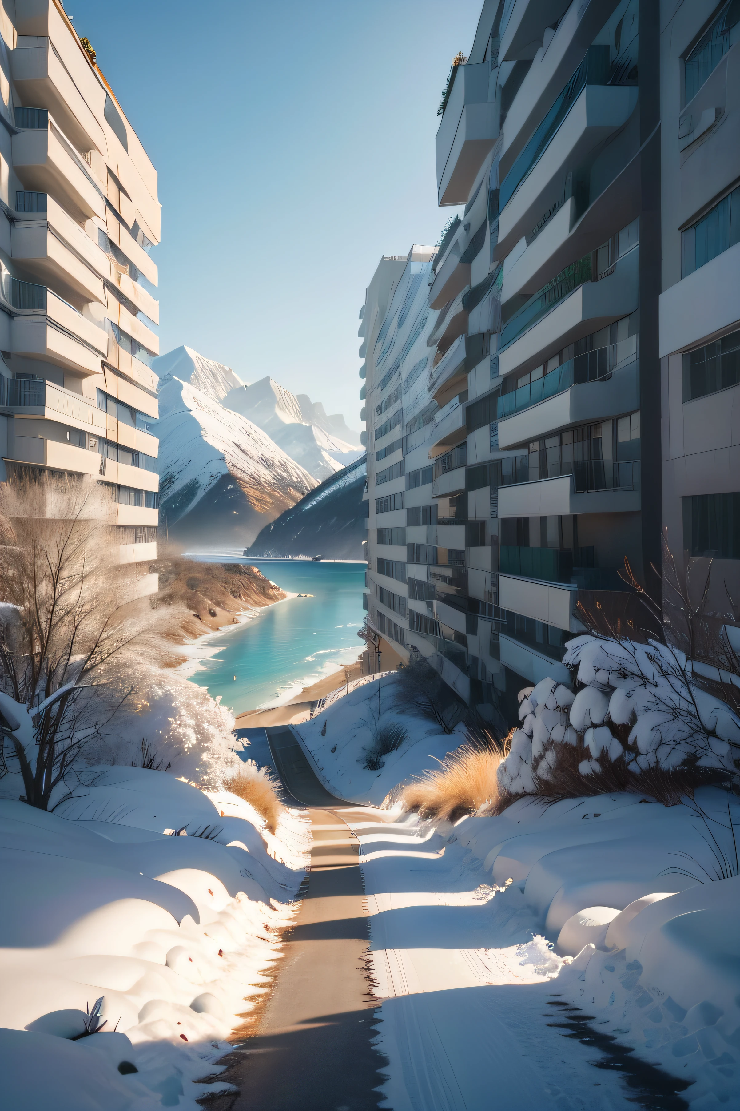 cidade futurista tecnologica. No centro da imagem, ha uma silhueta de uma pessoa caminhando usando fones de ouvido, Electronic music.
No fundo, uma paisagem desvanecendo no esquema de cores escuro. De um lado da imagem, There could be a winter landscape with snow-covered trees and mountains, enquanto do outro lado poderia haver uma cena de praia com palmeiras e ondas. These two scenes blend seamlessly with the city
There may be subtle elements of mystery and suspense.