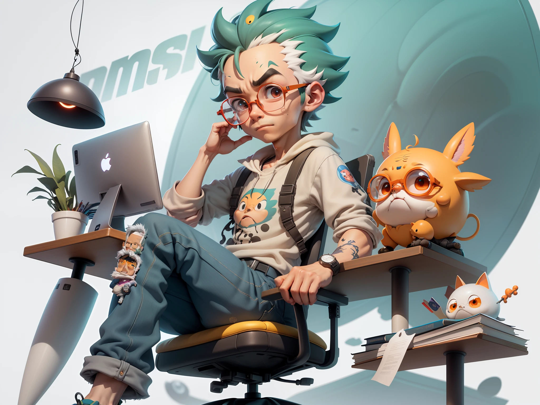A young man with glasses sits at his desk,holding laptop,digitial painting,3D character design by Mark Clairen and Pixar and Hayao Miyazaki and Akira Toriyama,4K HD illustration,Very detailed facial features and cartoon-style visuals。